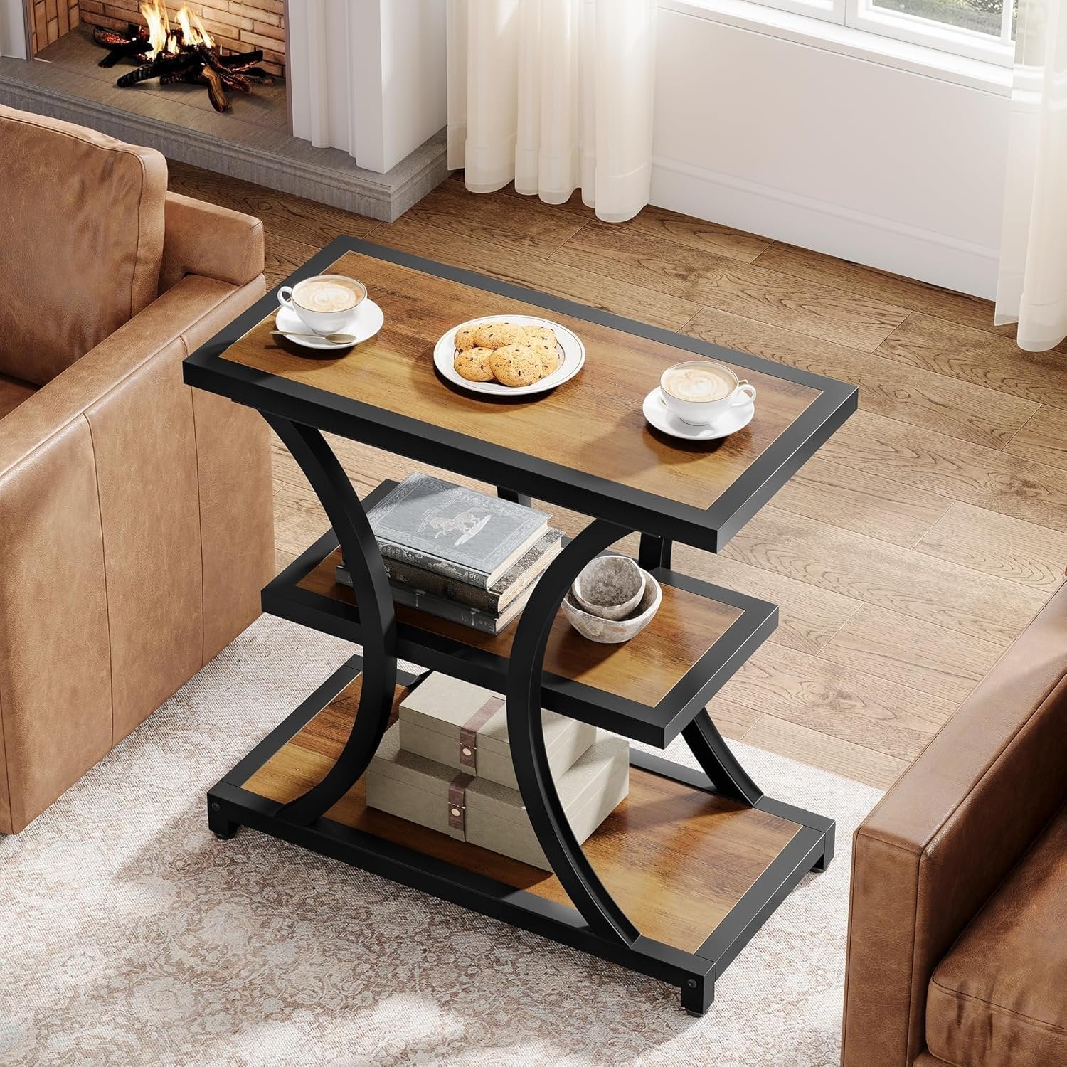 Tribesigns Table d'appoint avec espace de rangement, Table d'appoint à 3 niveaux avec design géométrique en métal