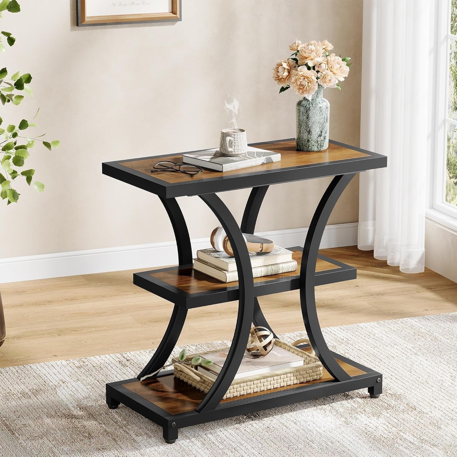 Tribesigns Table d'appoint avec espace de rangement, Table d'appoint à 3 niveaux avec design géométrique en métal