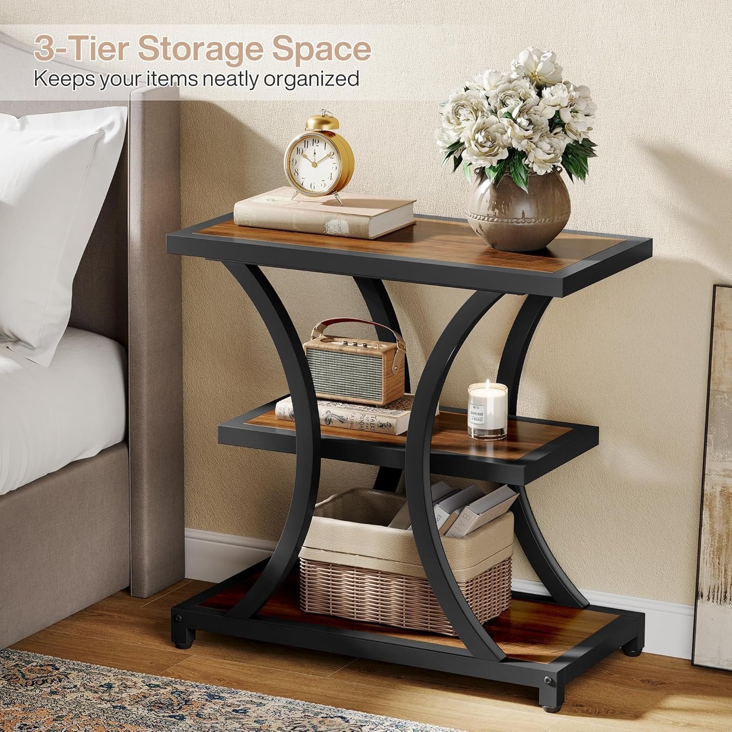 Tribesigns Table d'appoint avec espace de rangement, Table d'appoint à 3 niveaux avec design géométrique en métal