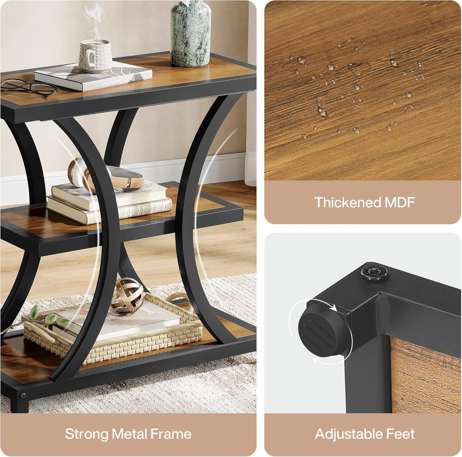Tribesigns Table d'appoint avec espace de rangement, Table d'appoint à 3 niveaux avec design géométrique en métal