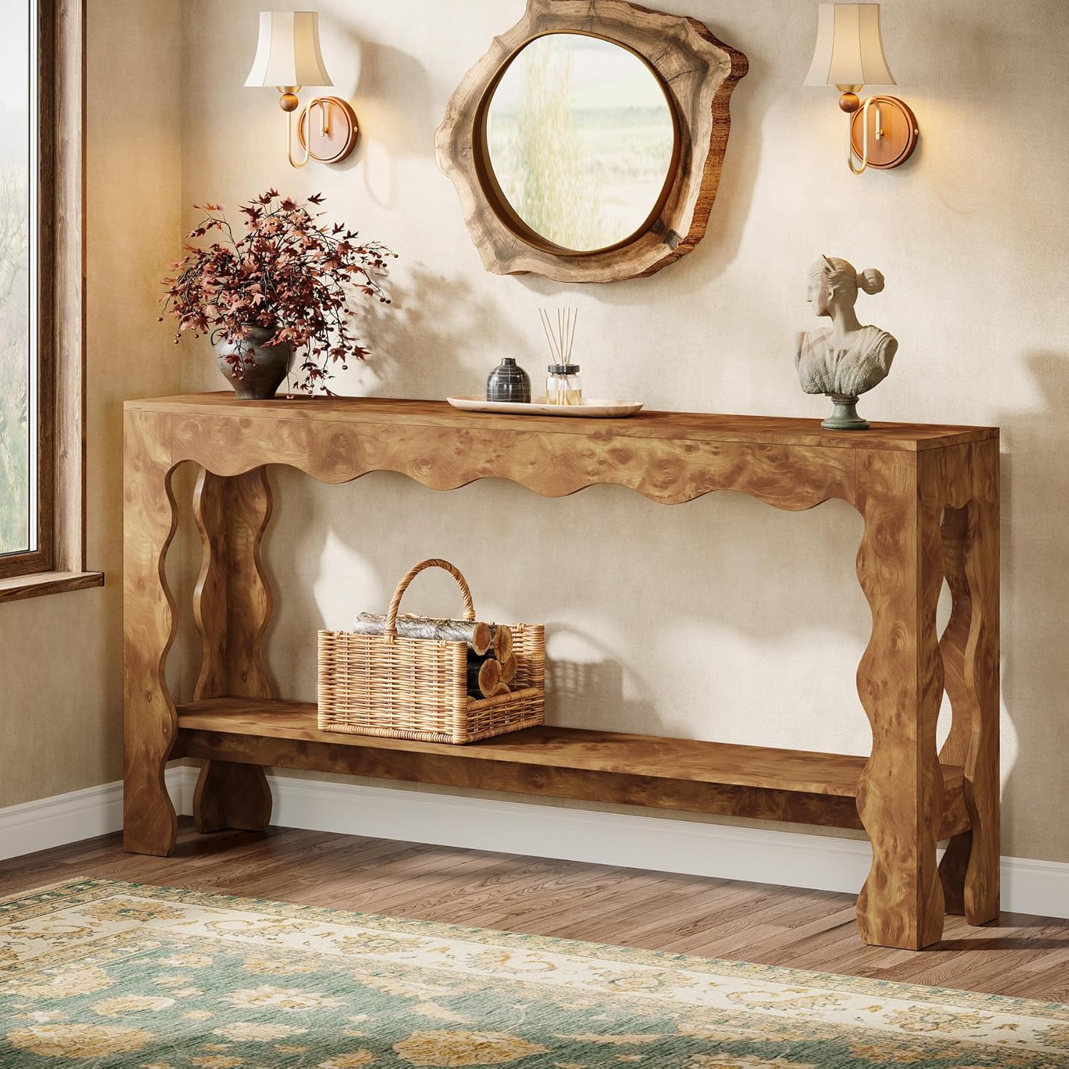 Tribesigns Table console de 160 cm, Table d'entrée étroite à 2 niveaux avec pieds festonnés
