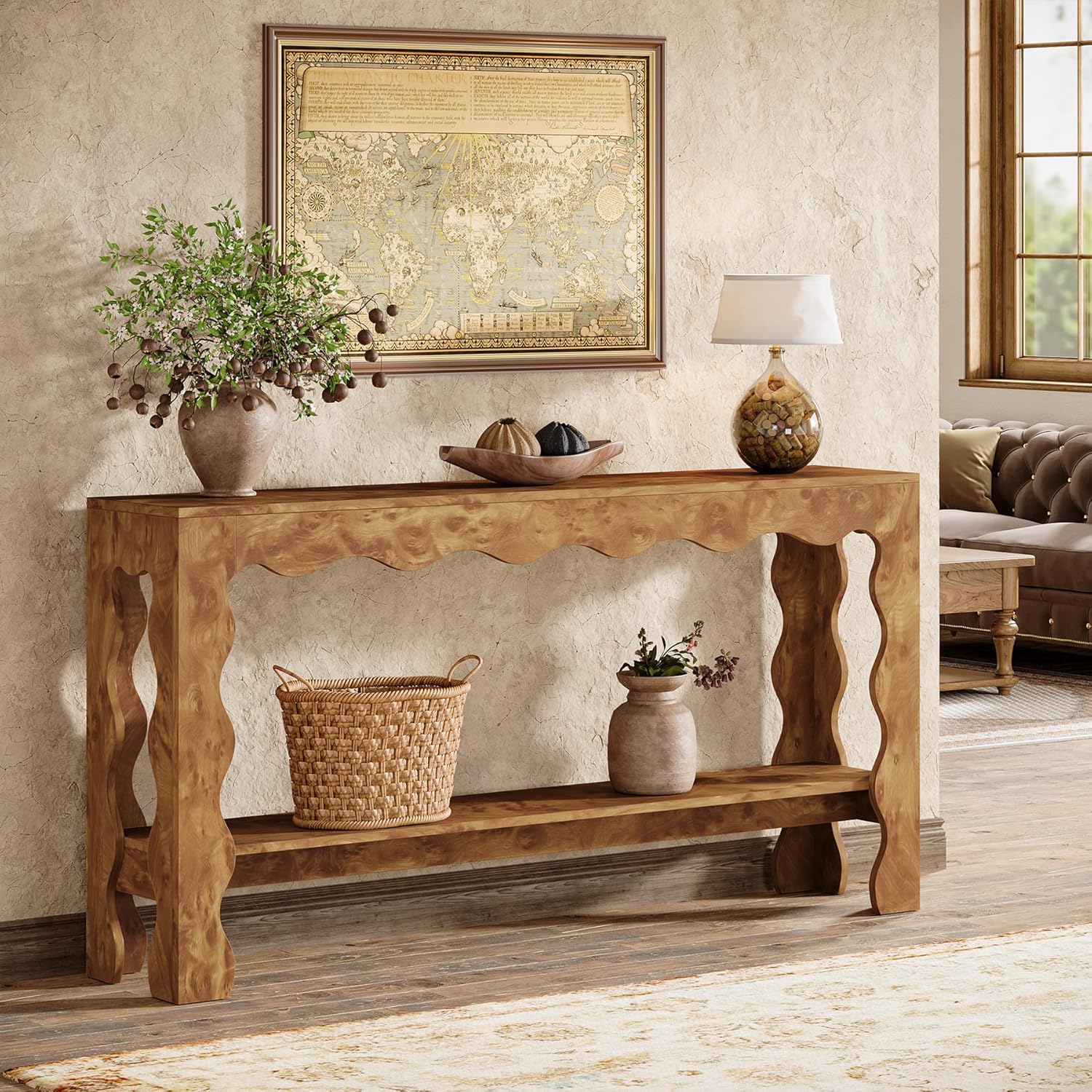Tribesigns Table console de 160 cm, Table d'entrée étroite à 2 niveaux avec pieds festonnés