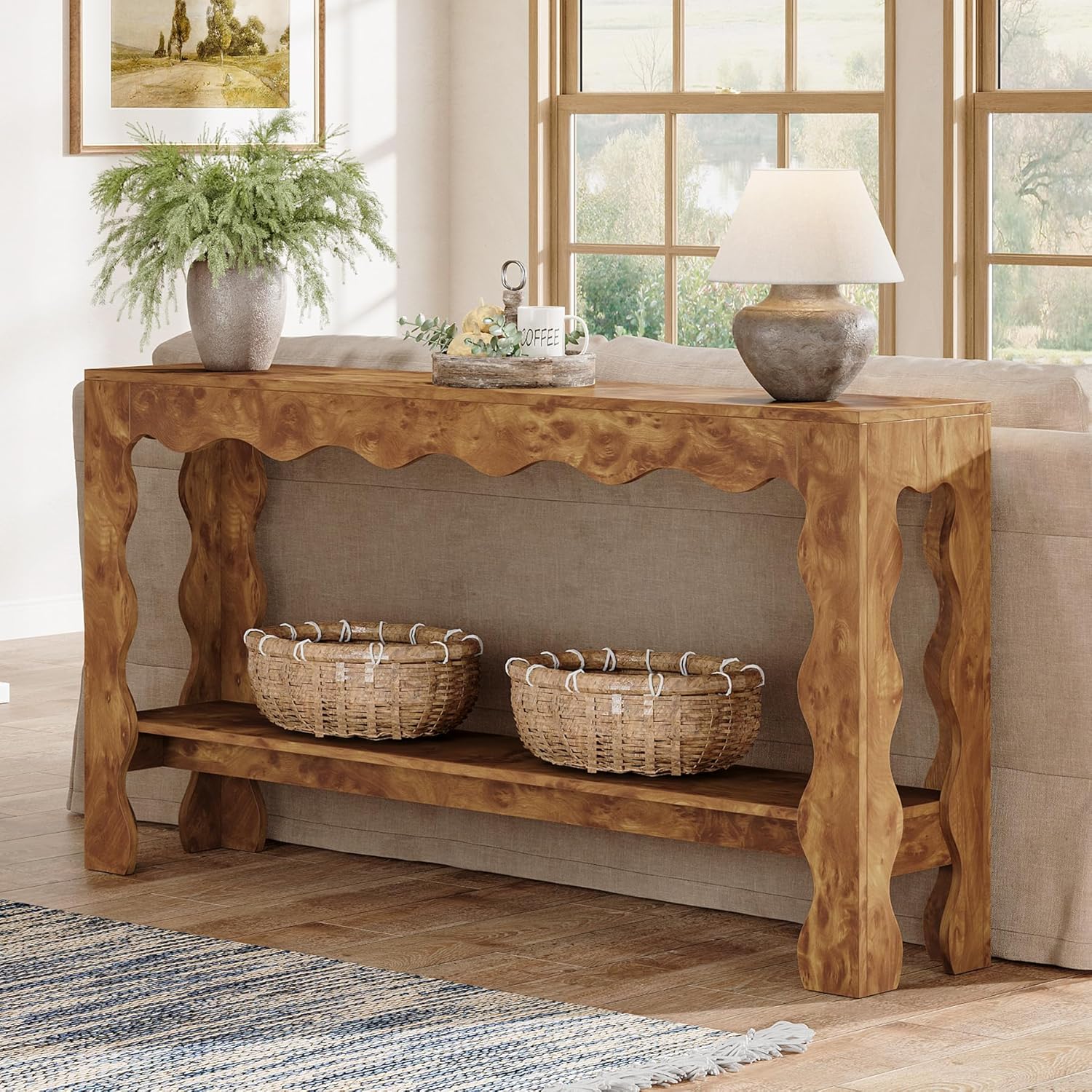 Tribesigns Table console de 160 cm, Table d'entrée étroite à 2 niveaux avec pieds festonnés