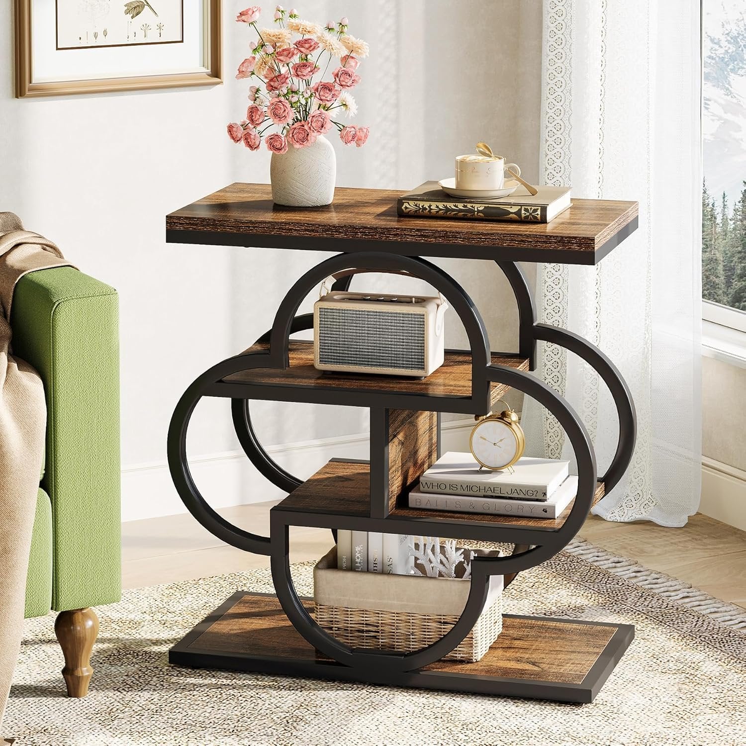 Tribesigns Table d'appoint étroite, Petite Table d'appoint en Bois à 4 Niveaux avec Cadre en métal incurvé