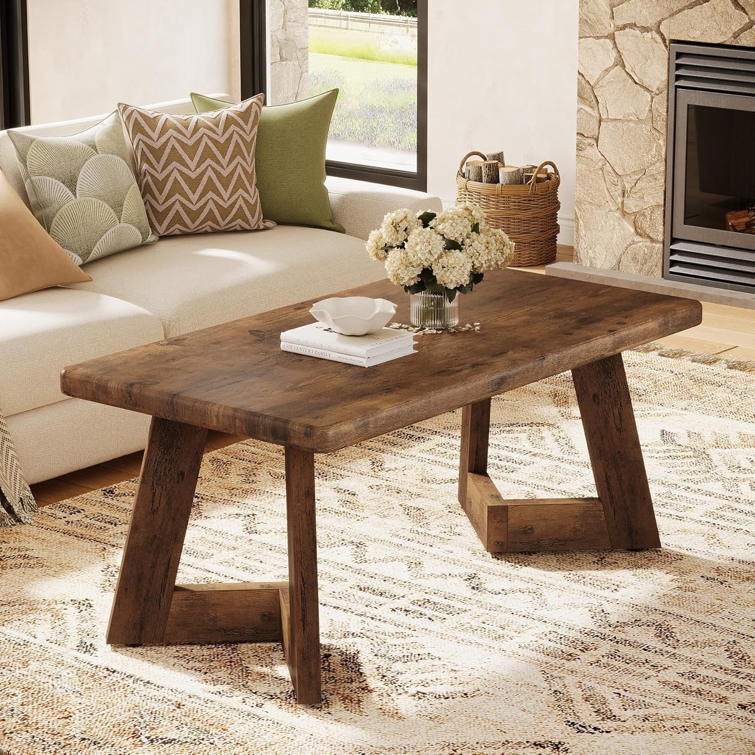 Tribesigns Table de salon de maison de campagne au design rustique, Table basse marron avec pieds en V