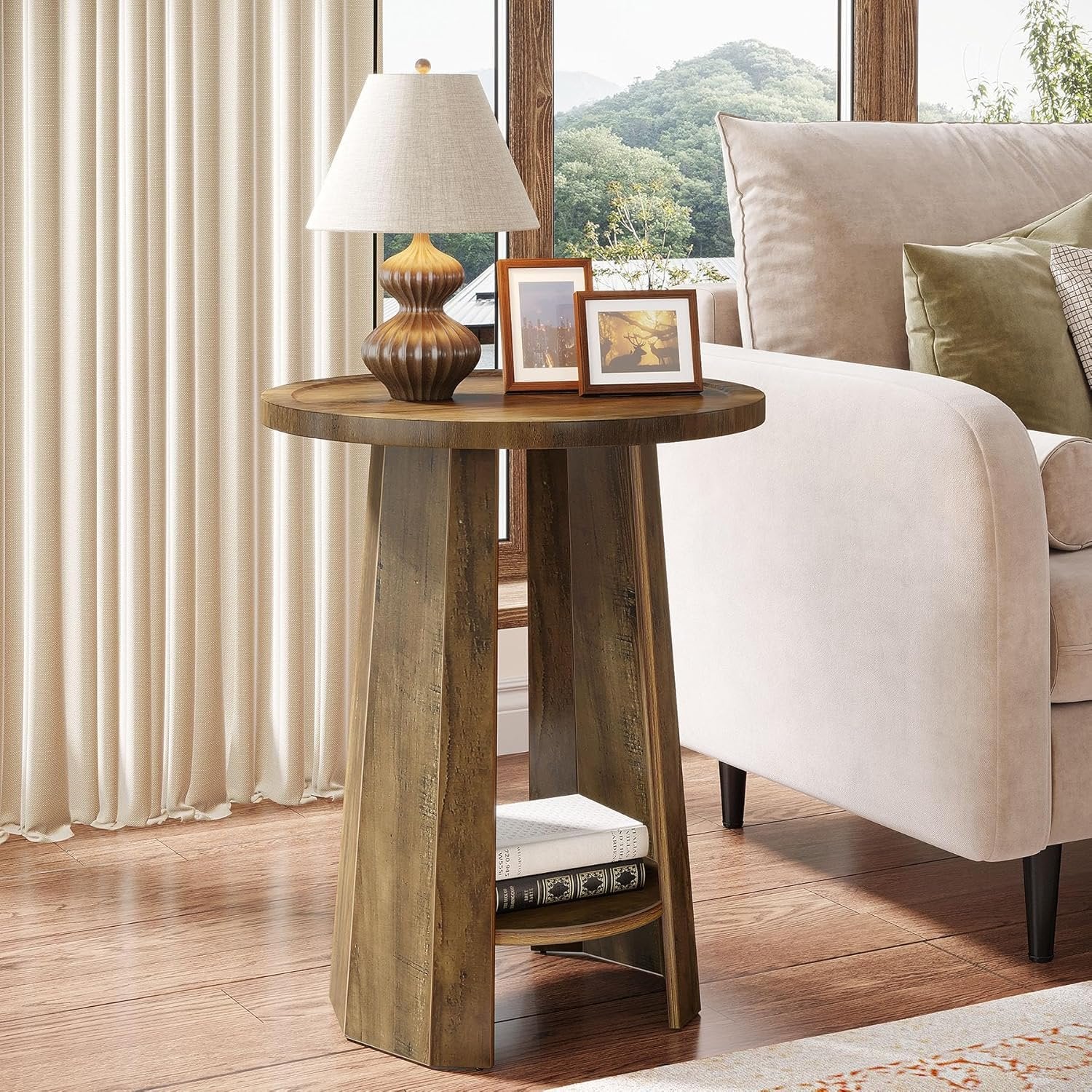 Tribeigns Table d'appoint ronde de 45 cm avec compartiment de rangement, Table de chevet gain de place