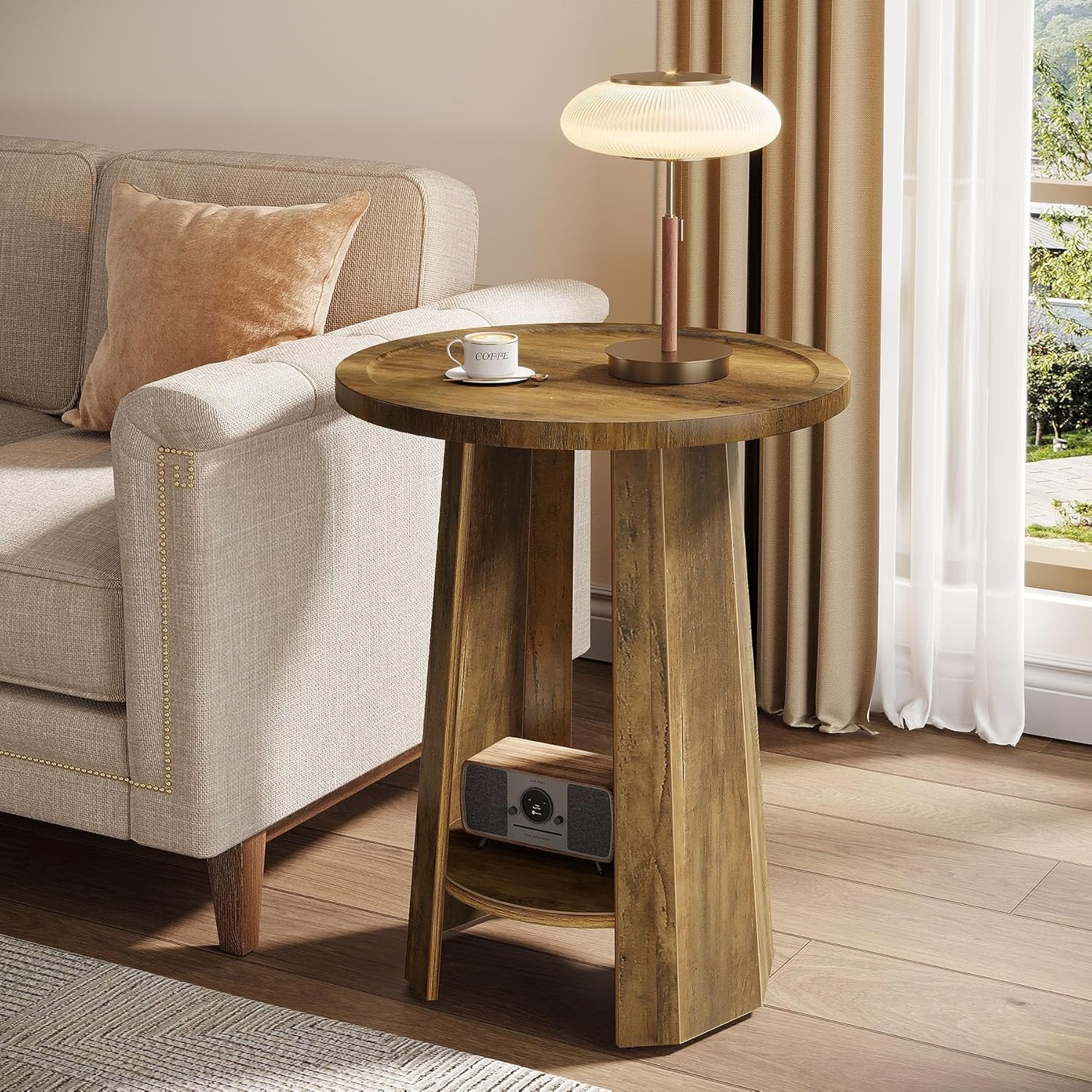 Tribeigns Table d'appoint ronde de 45 cm avec compartiment de rangement, Table de chevet gain de place