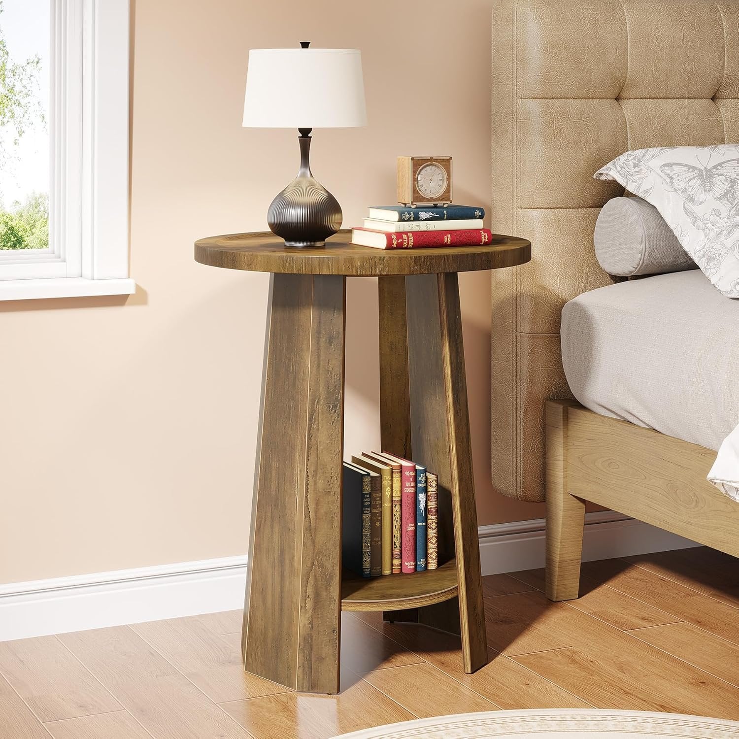 Tribeigns Table d'appoint ronde de 45 cm avec compartiment de rangement, Table de chevet gain de place
