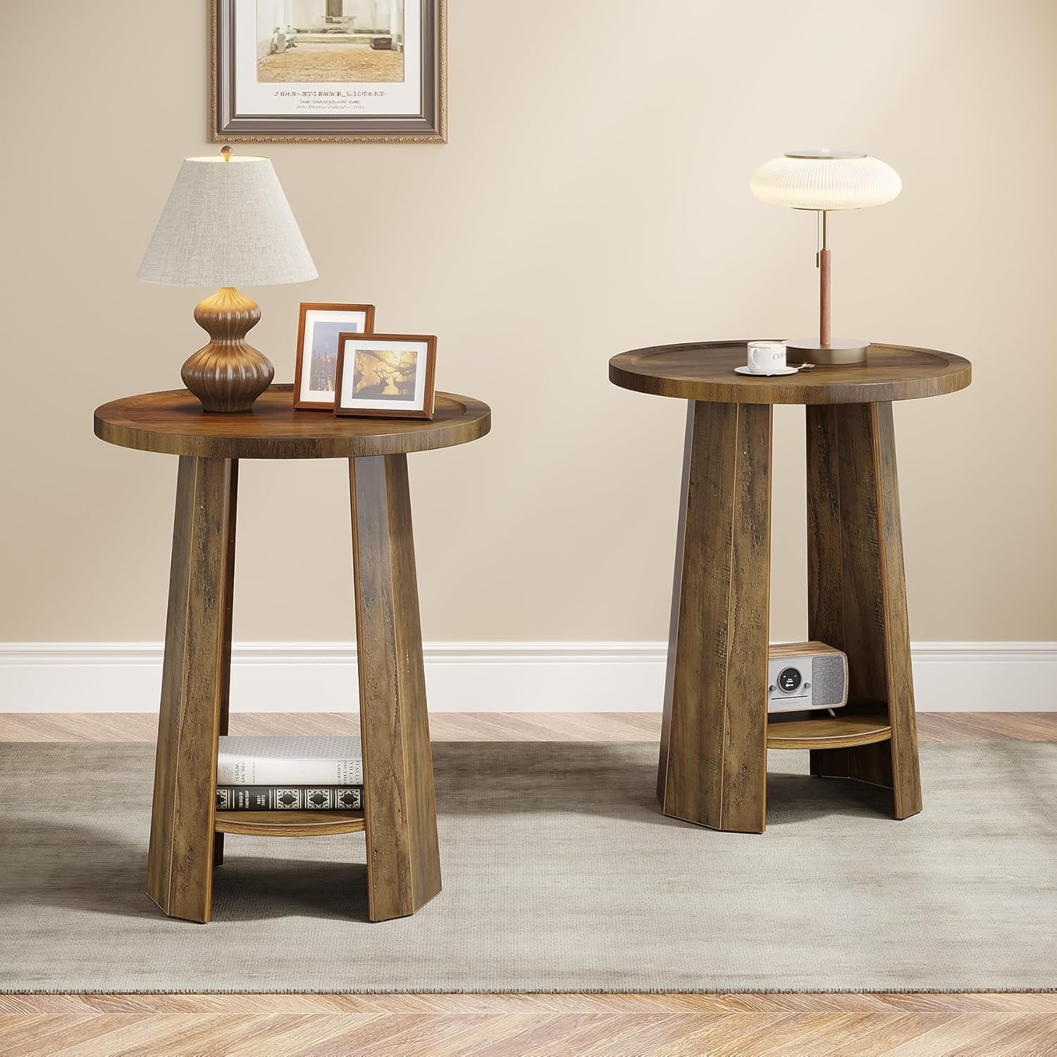 Tribeigns Table d'appoint ronde de 45 cm avec compartiment de rangement, Table de chevet gain de place