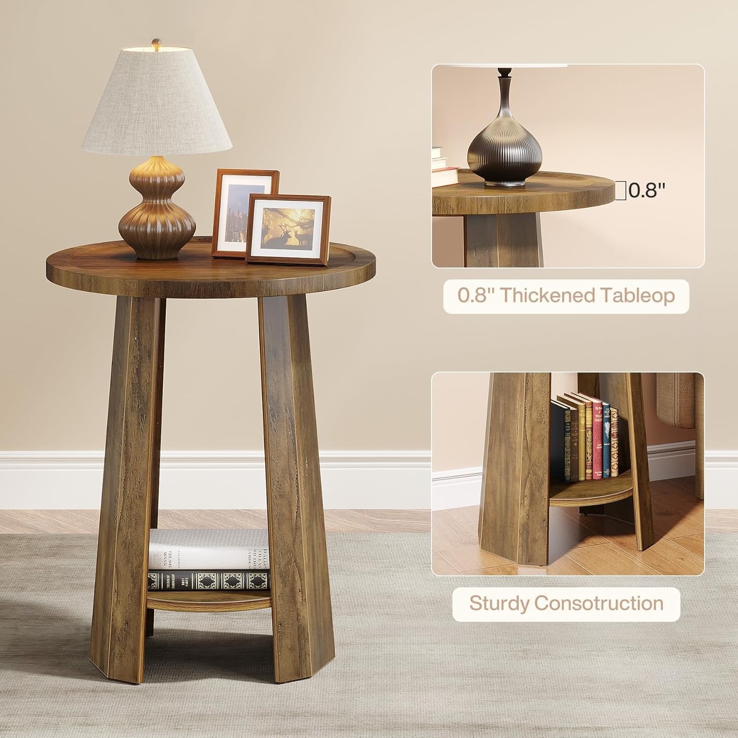 Tribeigns Table d'appoint ronde de 45 cm avec compartiment de rangement, Table de chevet gain de place