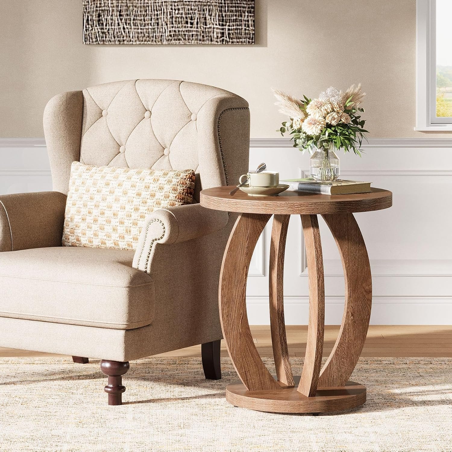 Tribesigns Table d'appoint de style campagnard de 50 cm avec plateau rond et rangement Brun rustique
