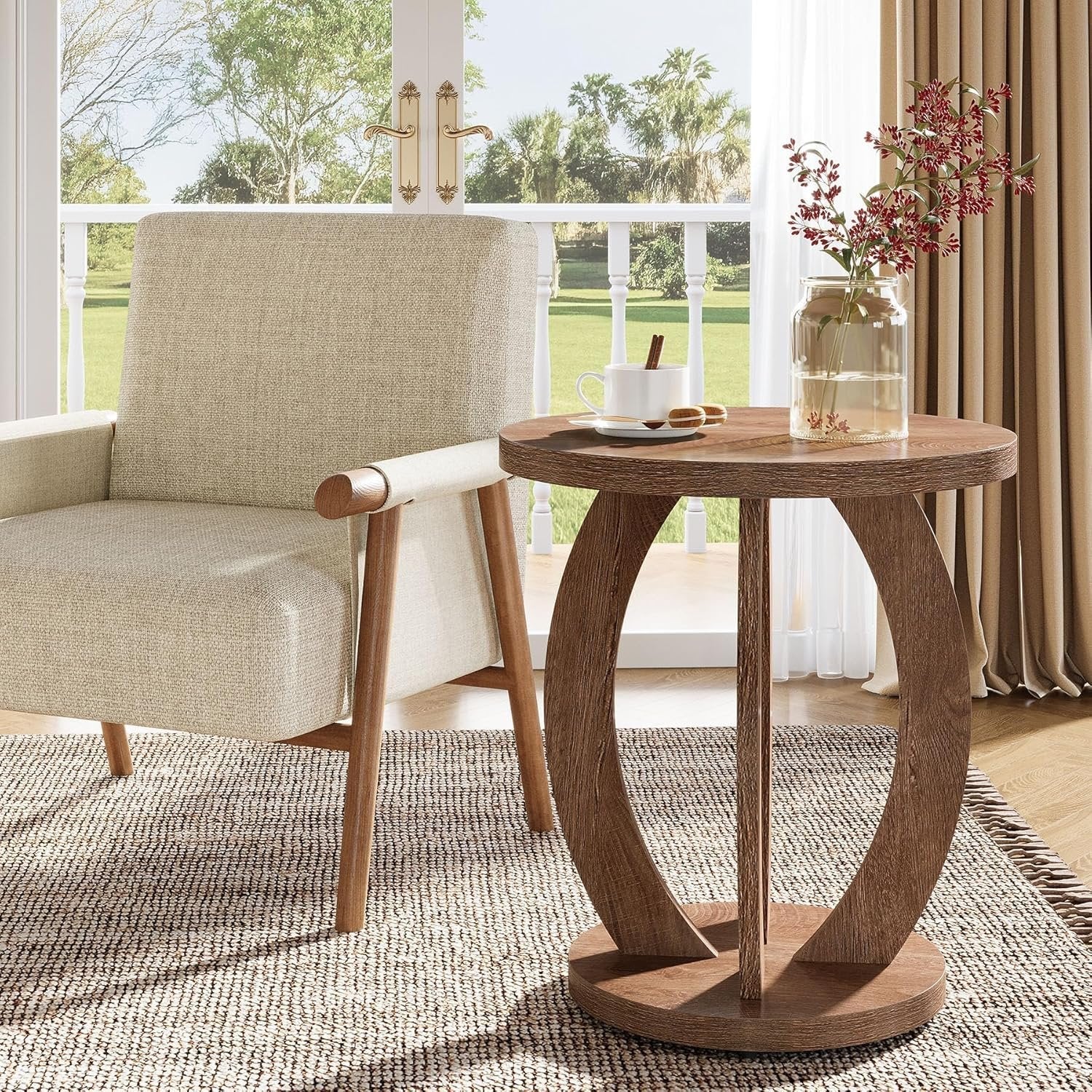 Tribesigns Table d'appoint de style campagnard de 50 cm avec plateau rond et rangement Brun rustique