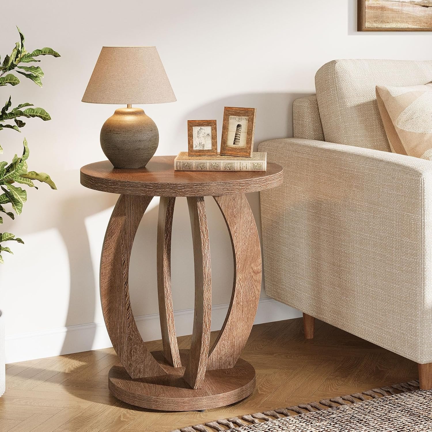 Tribesigns Table d'appoint de style campagnard de 50 cm avec plateau rond et rangement Brun rustique