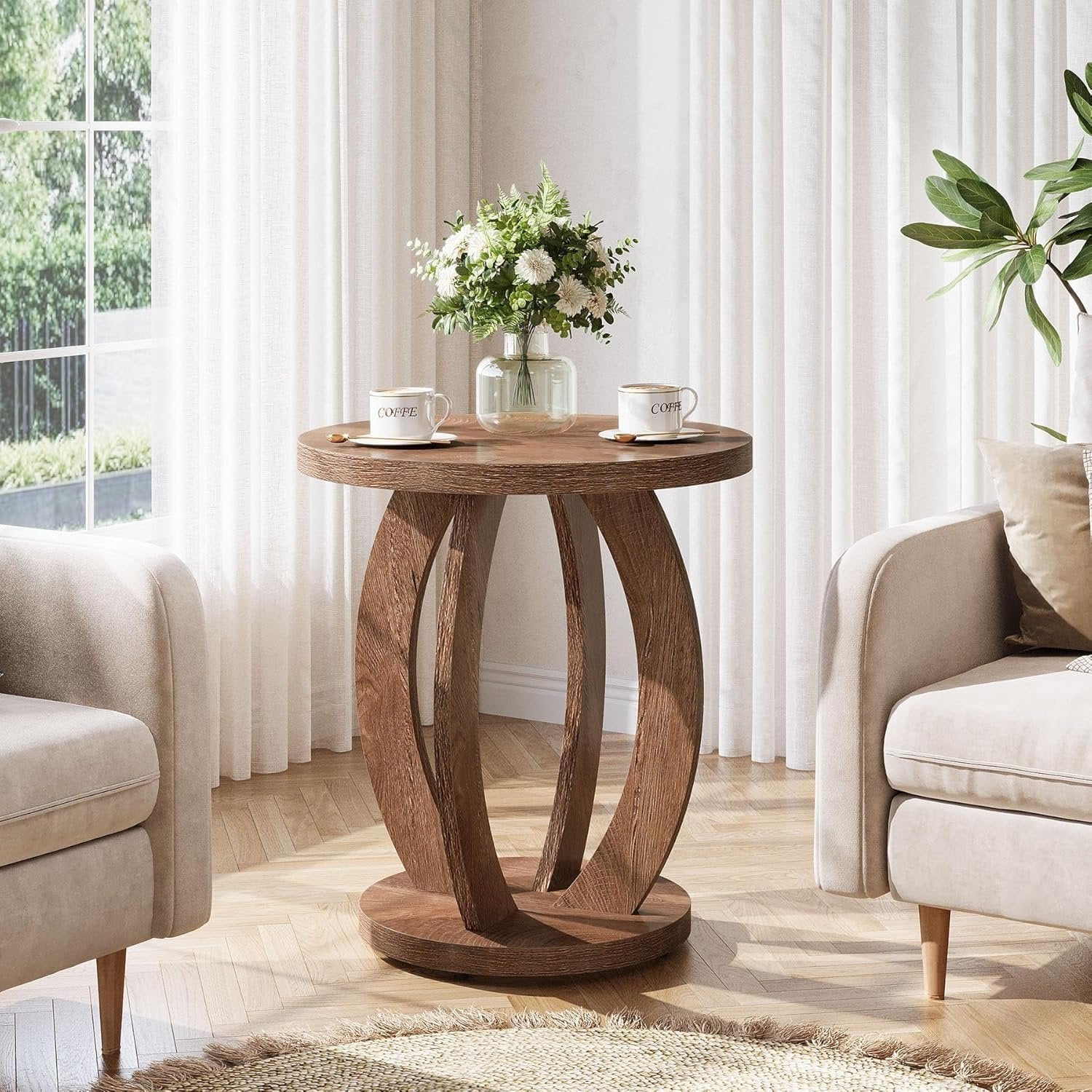 Tribesigns Table d'appoint de style campagnard de 50 cm avec plateau rond et rangement Brun rustique
