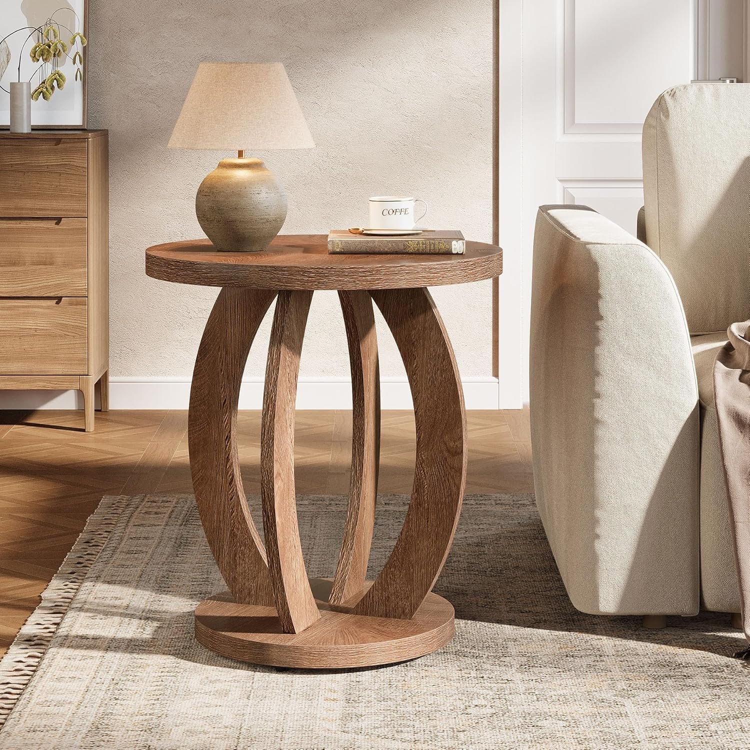 Tribesigns Table d'appoint de style campagnard de 50 cm avec plateau rond et rangement Brun rustique