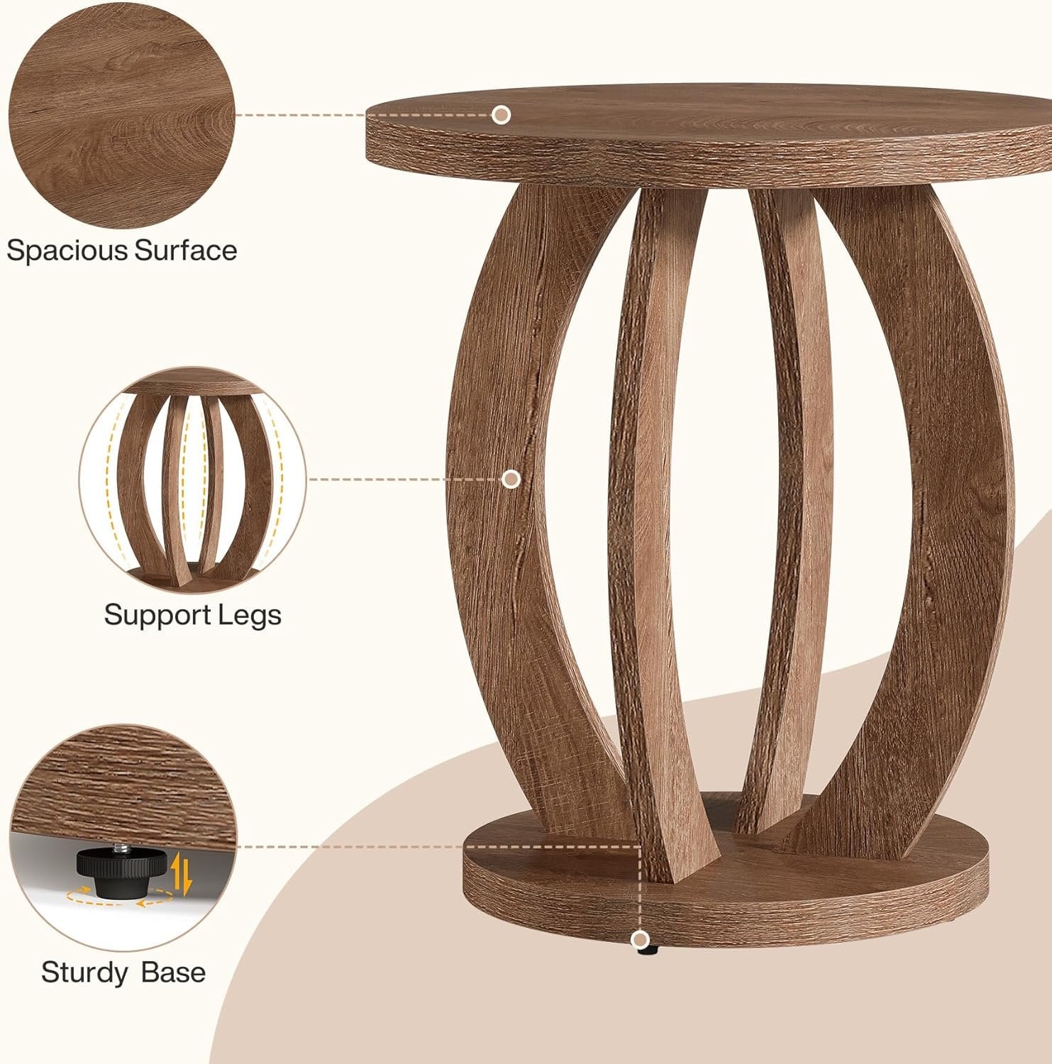 Tribesigns Table d'appoint de style campagnard de 50 cm avec plateau rond et rangement Brun rustique