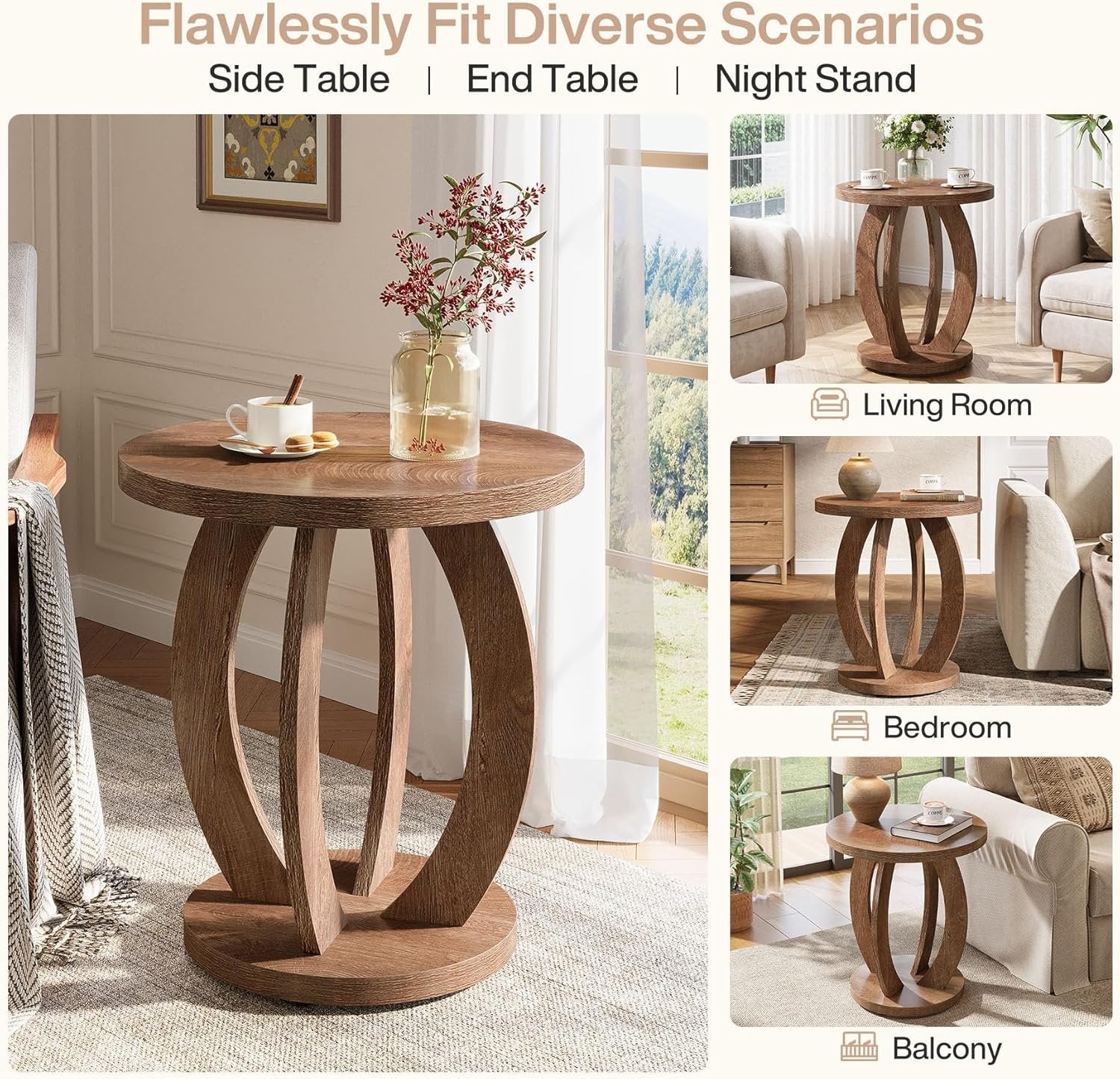 Tribesigns Table d'appoint de style campagnard de 50 cm avec plateau rond et rangement Brun rustique