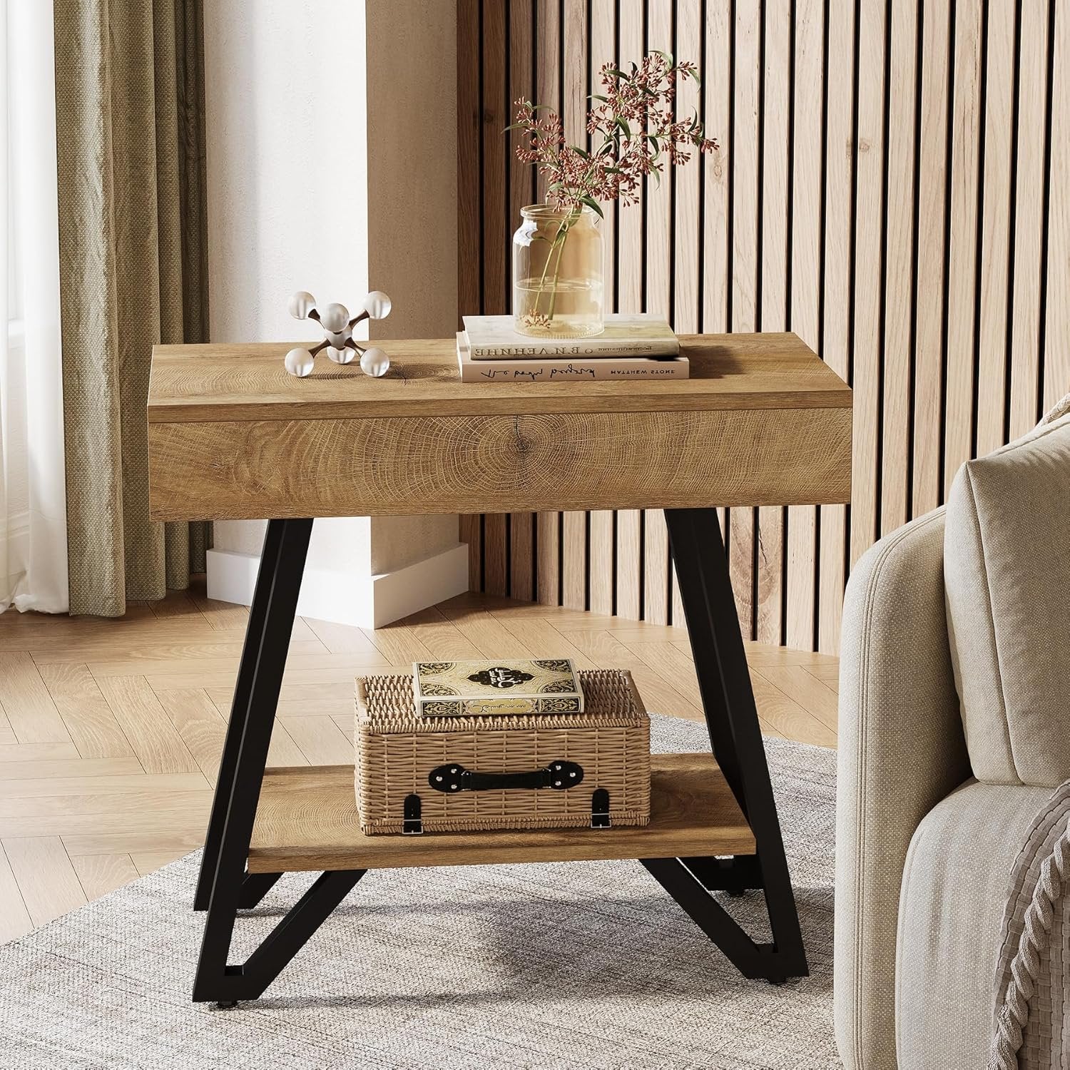 Tribesigns Table d'appoint 60 cm avec étagère, Table de chevet en bois naturel pour petits espaces