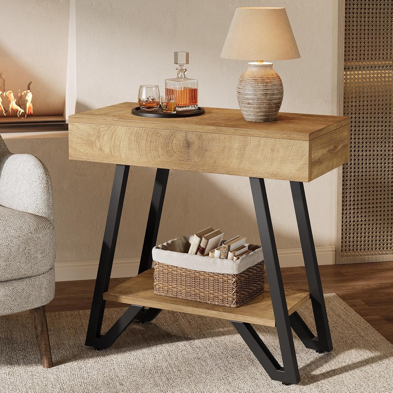 Tribesigns Table d'appoint 60 cm avec étagère, Table de chevet en bois naturel pour petits espaces