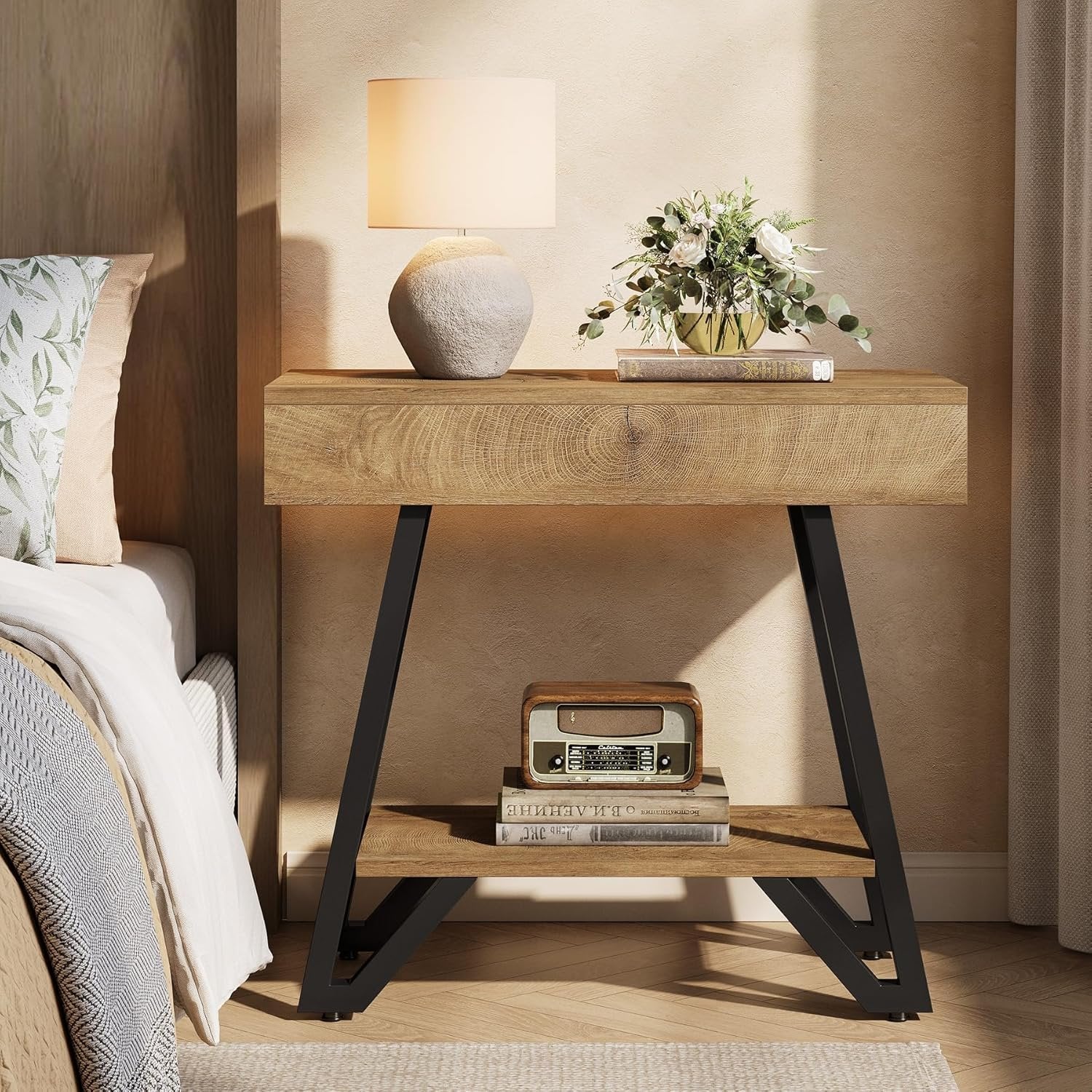 Tribesigns Table d'appoint 60 cm avec étagère, Table de chevet en bois naturel pour petits espaces