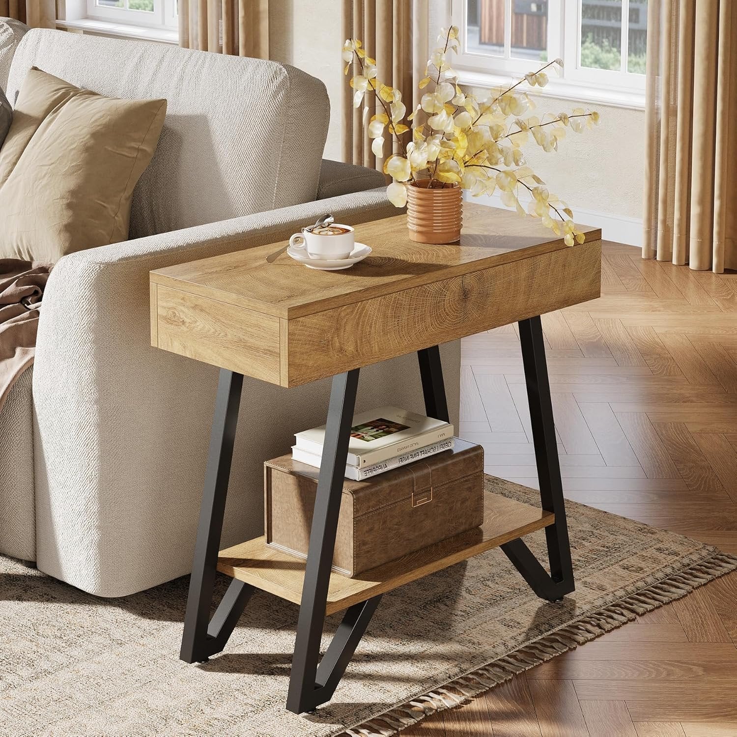 Tribesigns Table d'appoint 60 cm avec étagère, Table de chevet en bois naturel pour petits espaces