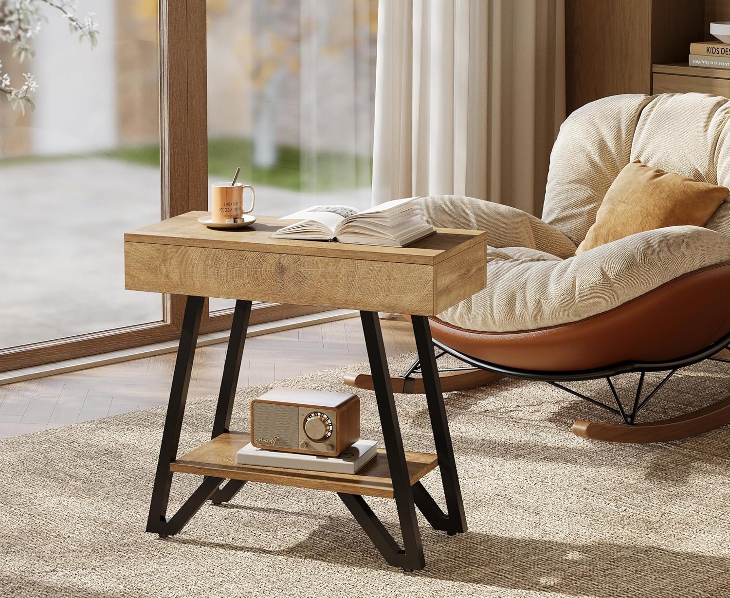 Tribesigns Table d'appoint 60 cm avec étagère, Table de chevet en bois naturel pour petits espaces