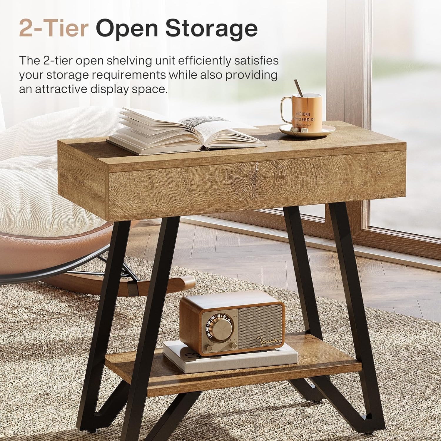 Tribesigns Table d'appoint 60 cm avec étagère, Table de chevet en bois naturel pour petits espaces