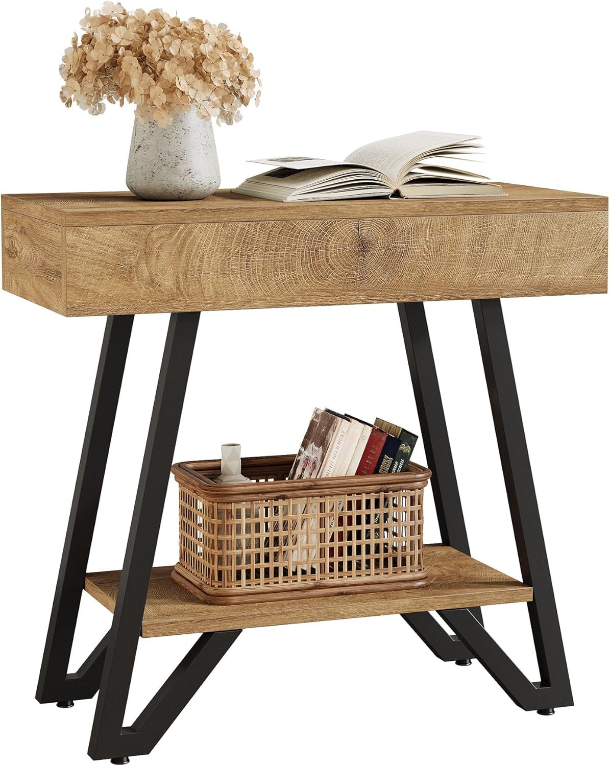 Tribesigns Table d'appoint 60 cm avec étagère, Table de chevet en bois naturel pour petits espaces