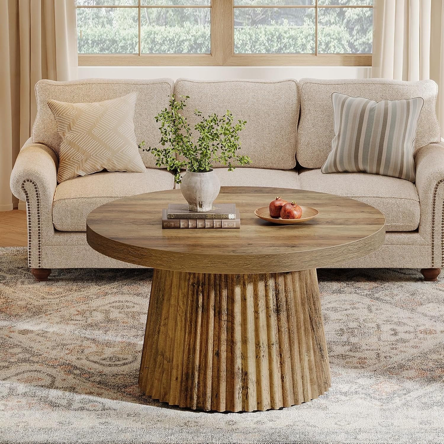 Tribesigns Table basse ronde, 80 cm, Table centrale circulaire moderne avec base en tambour cannelé et finition grain de bois