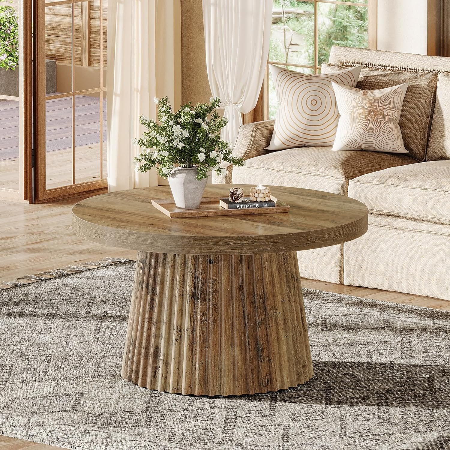 Tribesigns Table basse ronde, 80 cm, Table centrale circulaire moderne avec base en tambour cannelé et finition grain de bois
