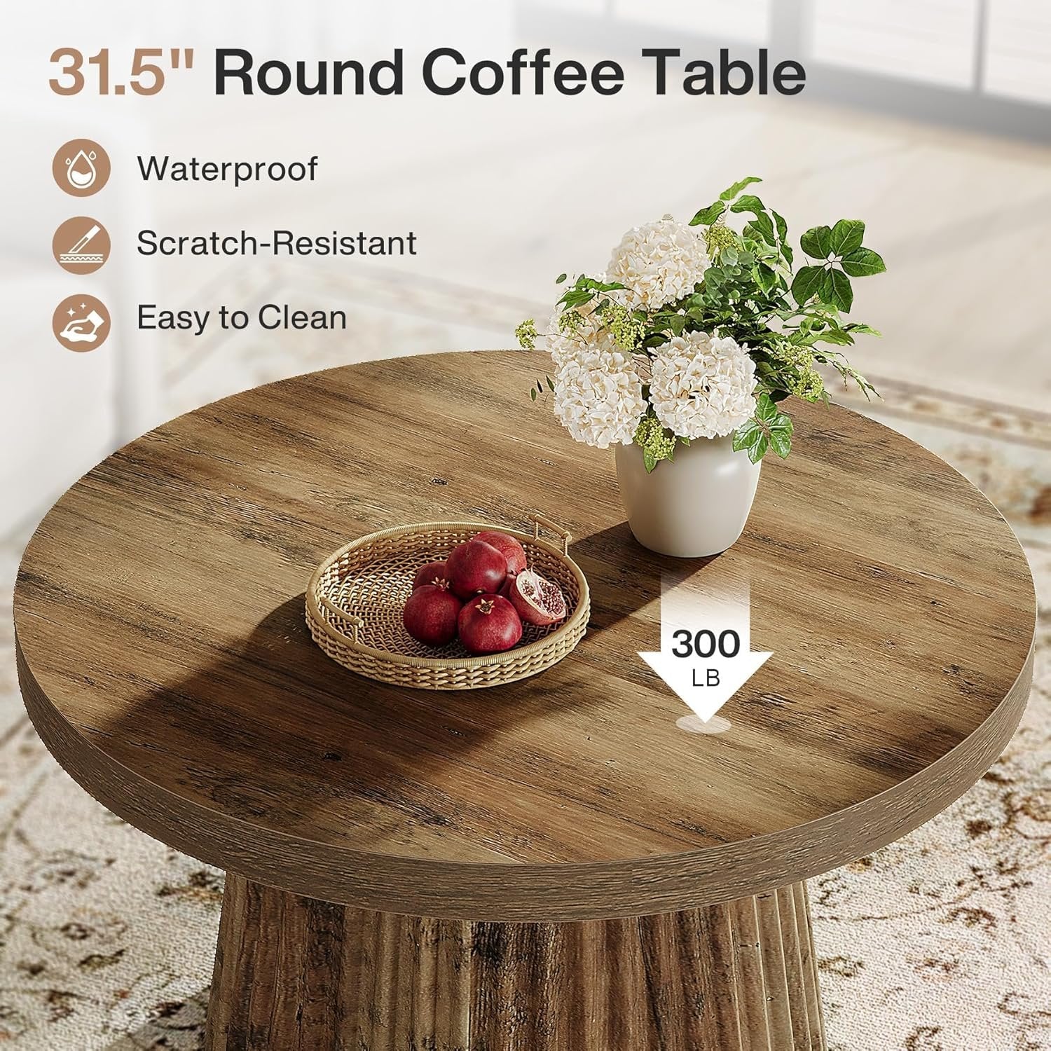 Tribesigns Table basse ronde, 80 cm, Table centrale circulaire moderne avec base en tambour cannelé et finition grain de bois