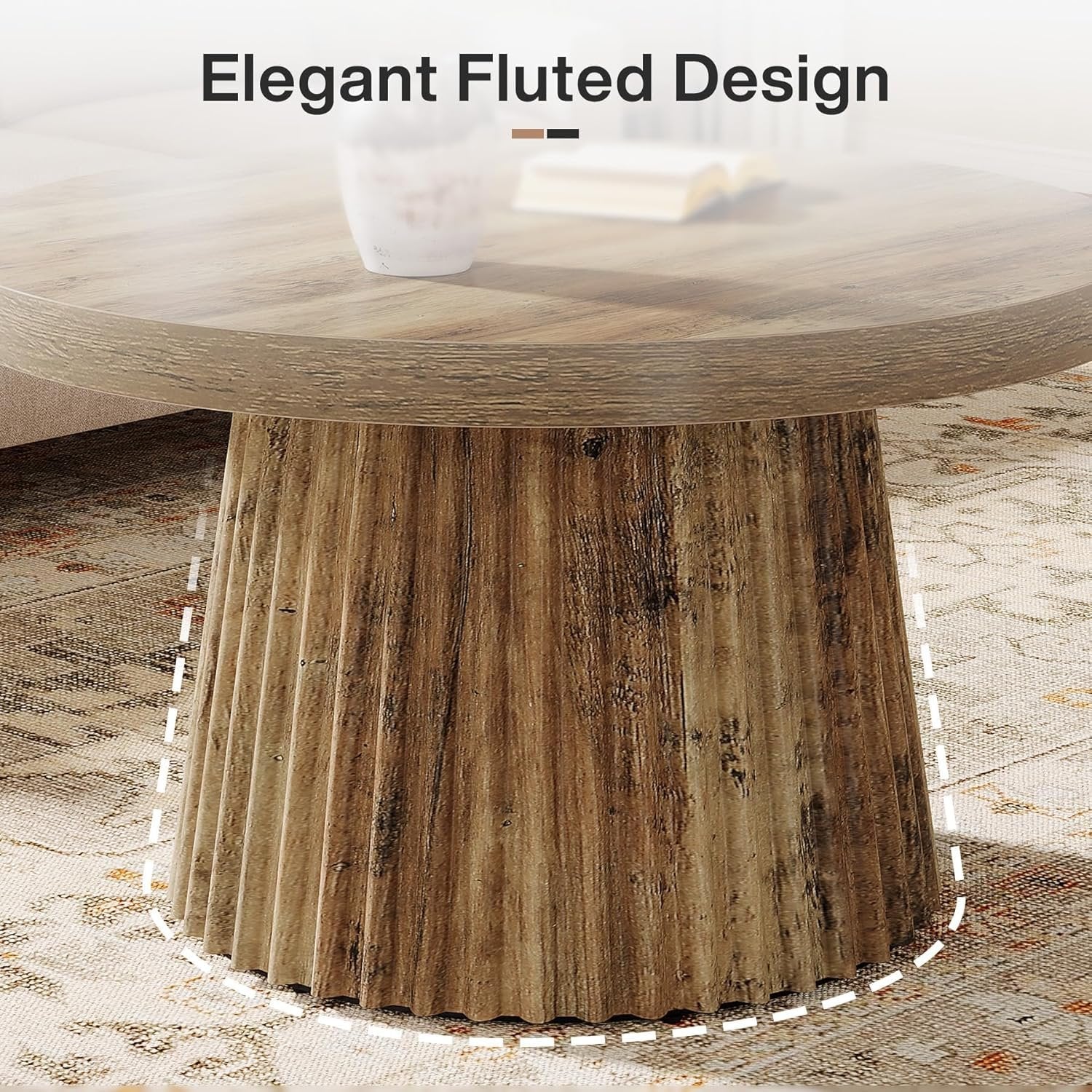 Tribesigns Table basse ronde, 80 cm, Table centrale circulaire moderne avec base en tambour cannelé et finition grain de bois