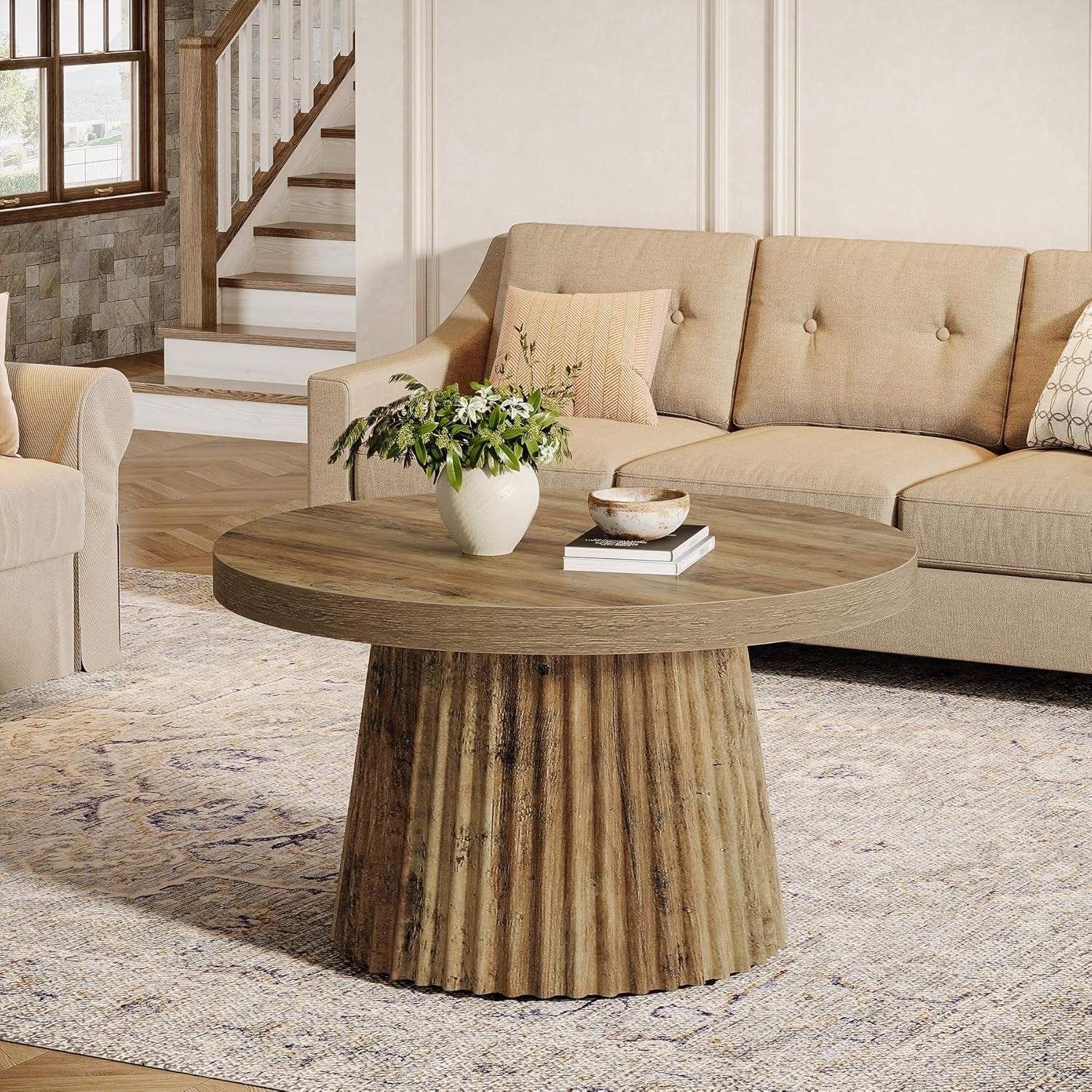 Tribesigns Table basse ronde, 80 cm, Table centrale circulaire moderne avec base en tambour cannelé et finition grain de bois