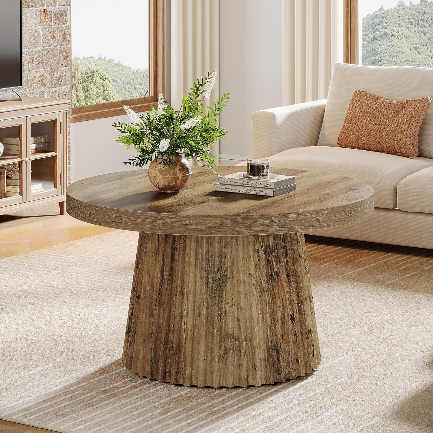 Tribesigns Table basse ronde, 80 cm, Table centrale circulaire moderne avec base en tambour cannelé et finition grain de bois