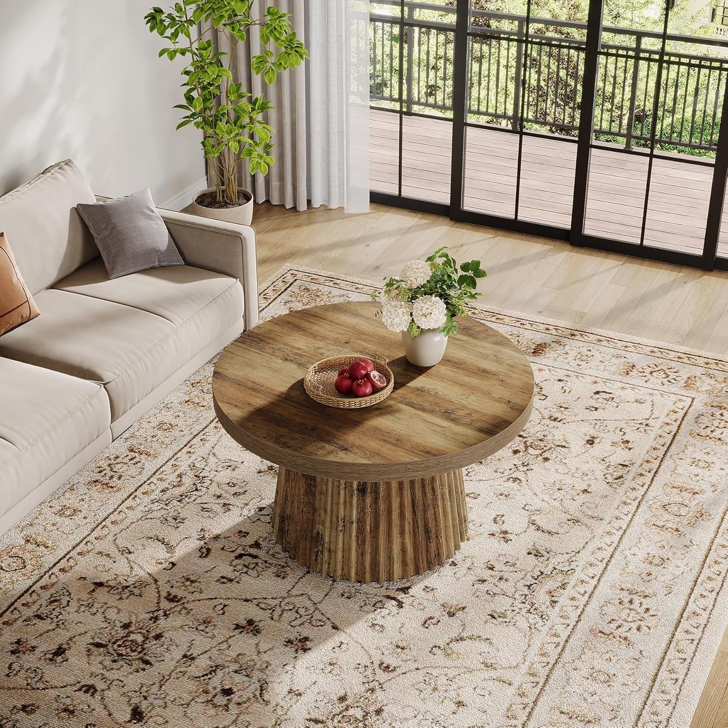 Tribesigns Table basse ronde, 80 cm, Table centrale circulaire moderne avec base en tambour cannelé et finition grain de bois