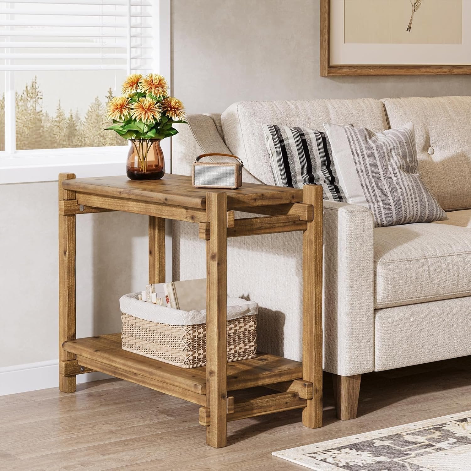 TRIBEWOOD Table d'appoint en bois massif avec 2 étagères, Buffet étroit pour salon et chambre