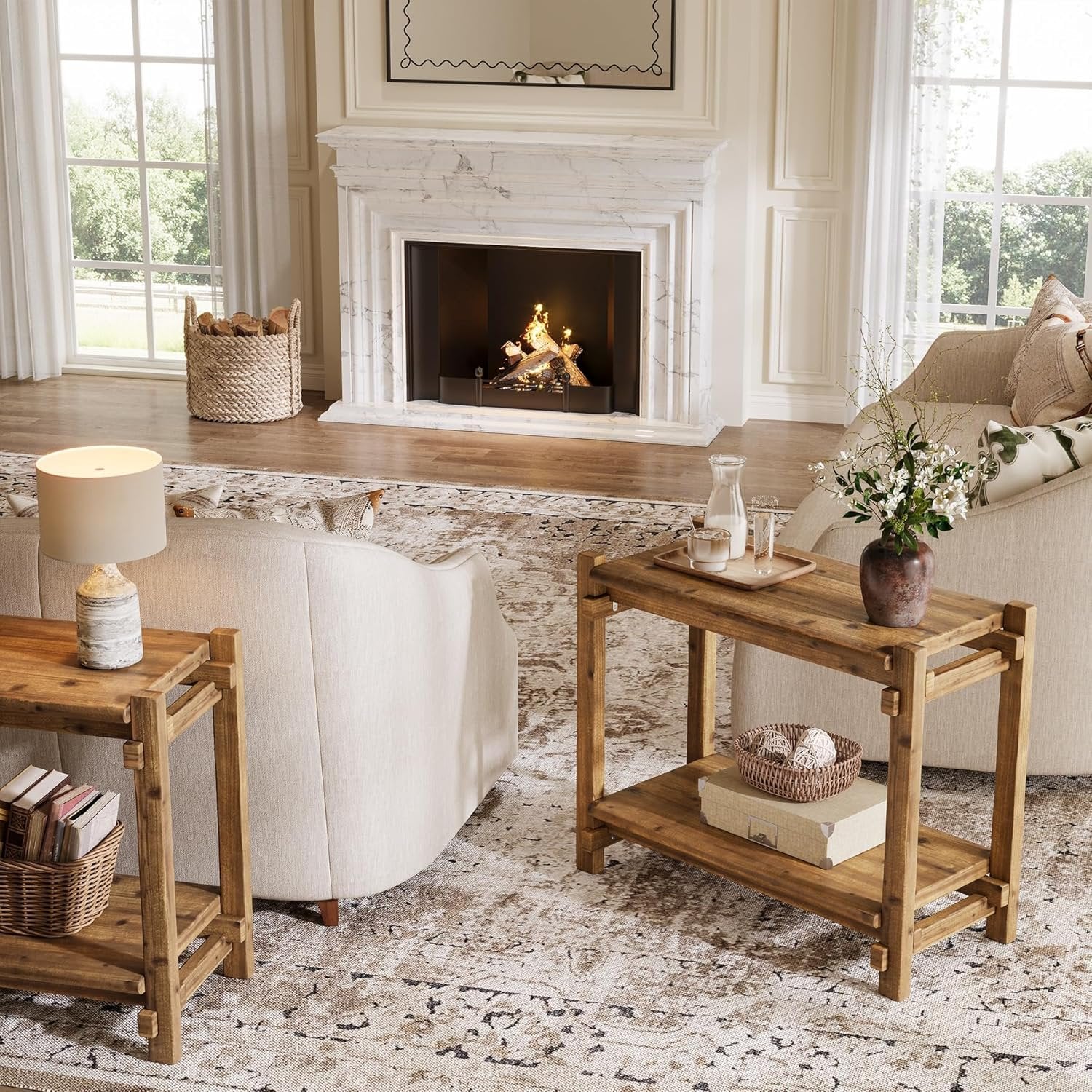 TRIBEWOOD Table d'appoint en bois massif avec 2 étagères, Buffet étroit pour salon et chambre