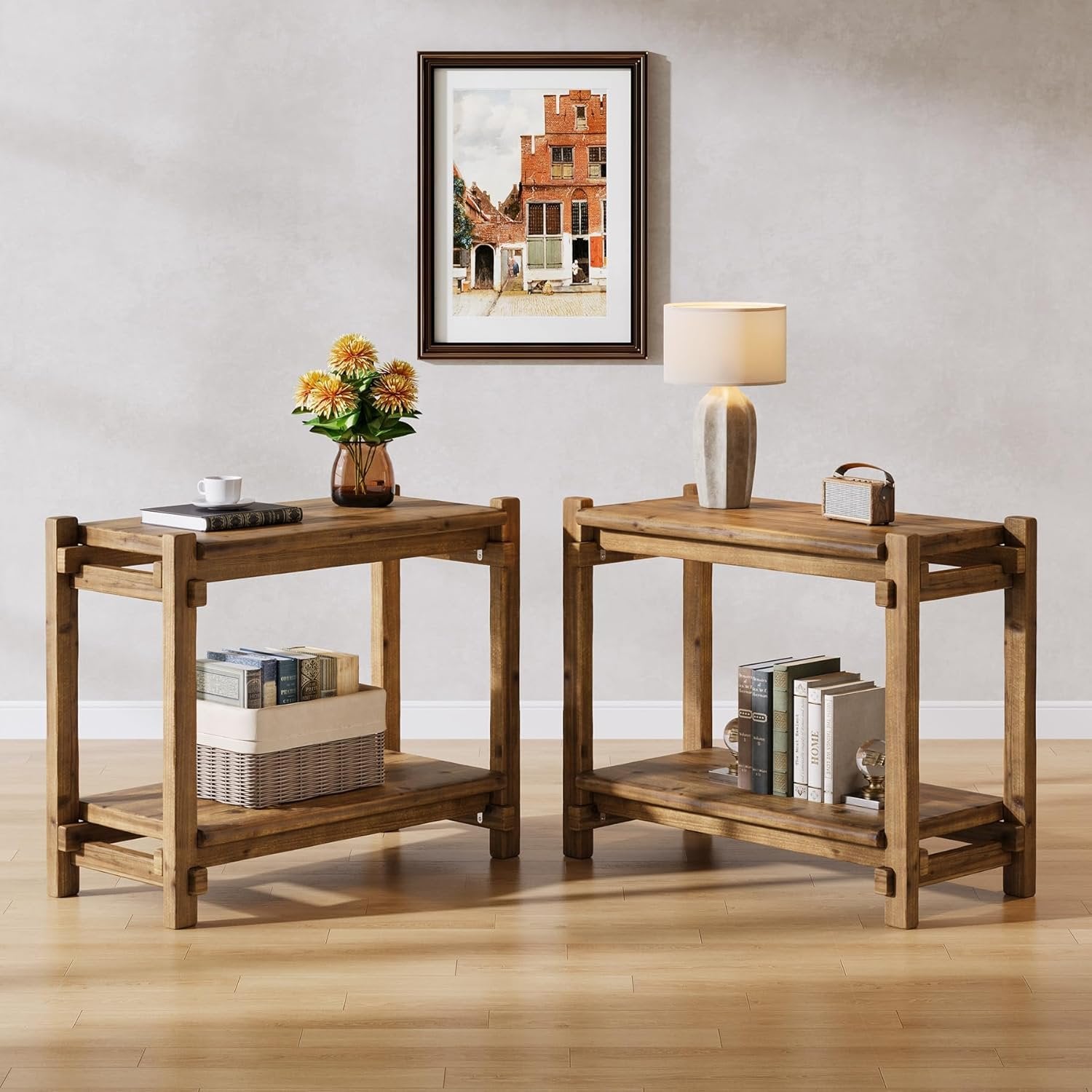 TRIBEWOOD Table d'appoint en bois massif avec 2 étagères, Buffet étroit pour salon et chambre