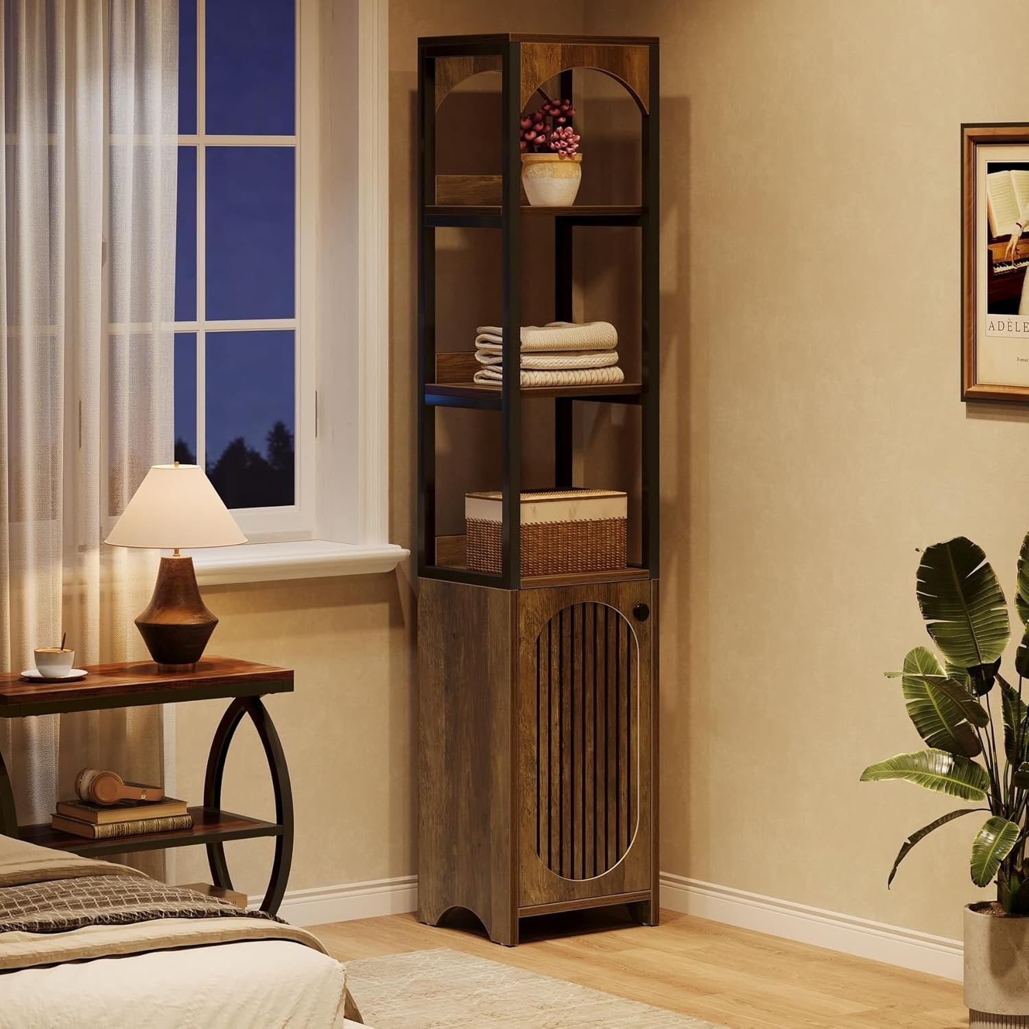 Tribesigns Bibliothèque à 6 niveaux 180 cm de hauteur, Bibliothèque étroite avec porte persienne