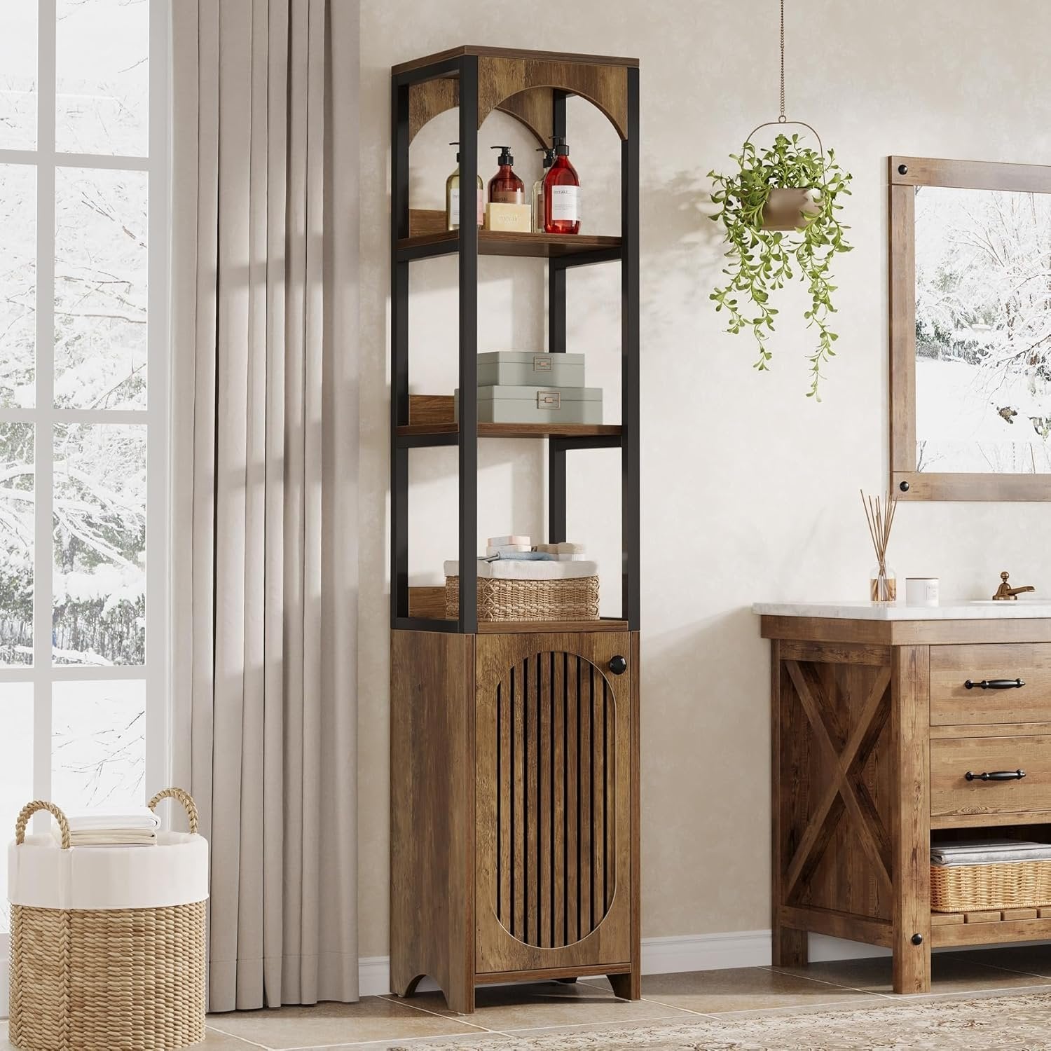 Tribesigns Bibliothèque à 6 niveaux 180 cm de hauteur, Bibliothèque étroite avec porte persienne