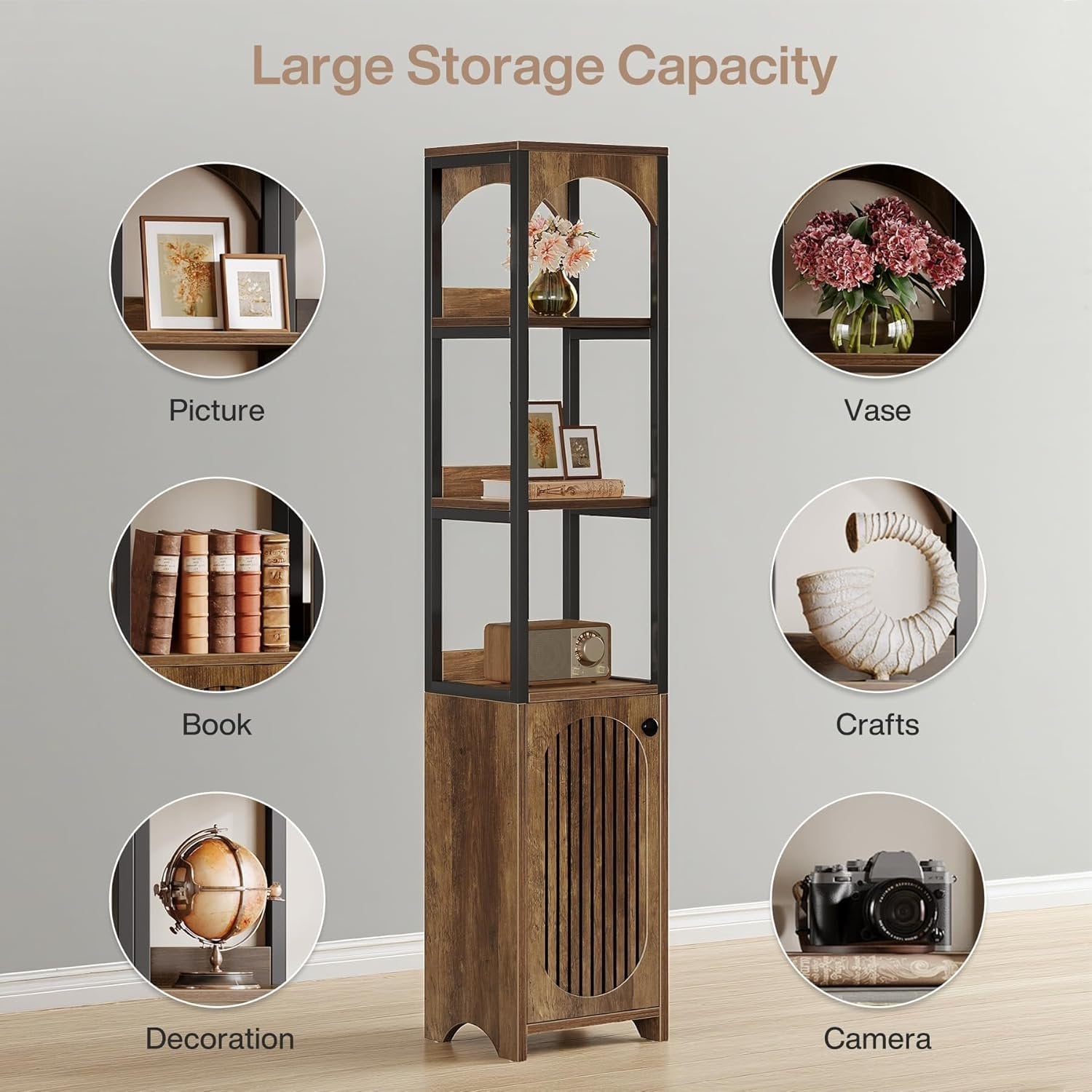 Tribesigns Bibliothèque à 6 niveaux 180 cm de hauteur, Bibliothèque étroite avec porte persienne