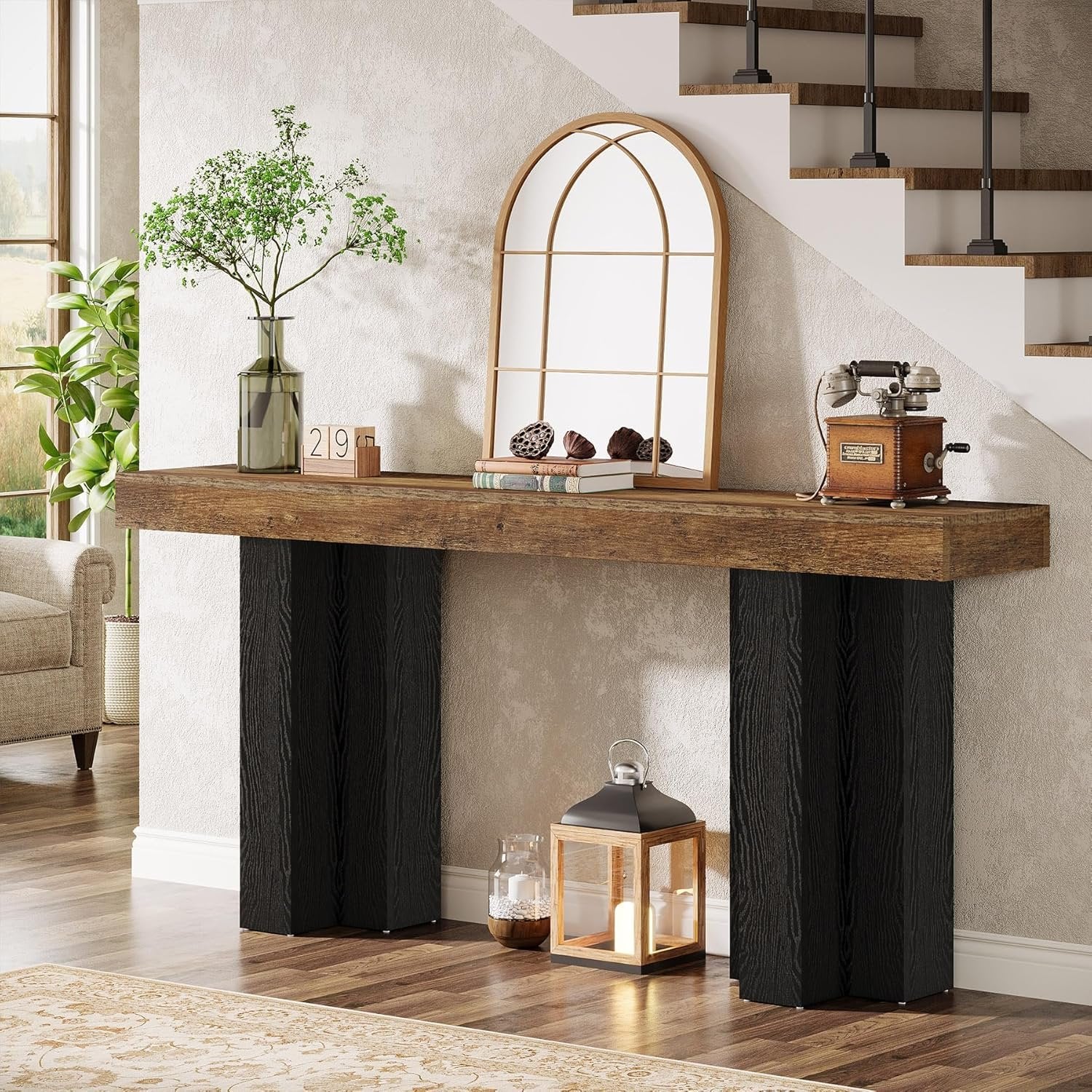 Tribesigns Console de style maison de campagne de 160 cm, Table d'entrée marron avec pieds robustes pour le salon et l'entrée