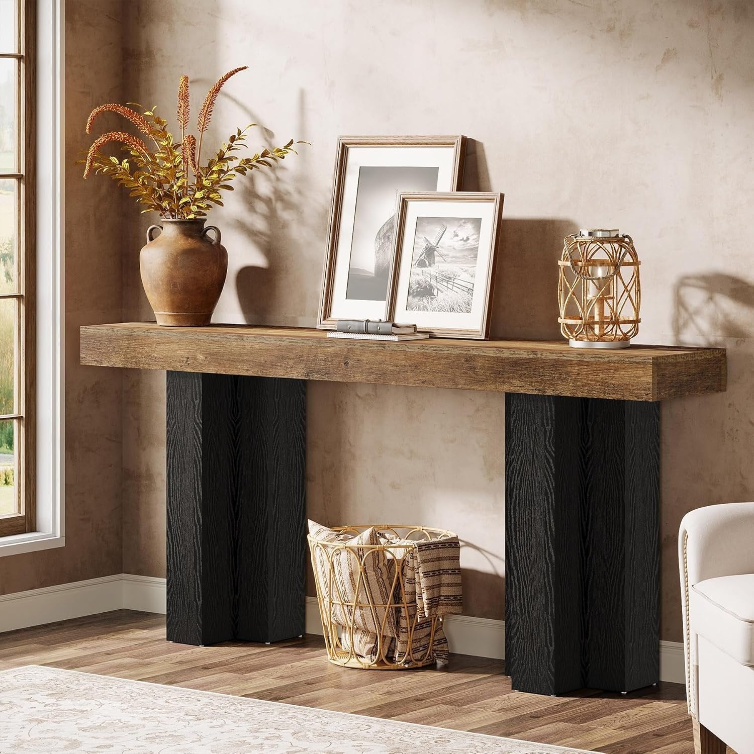 Tribesigns Console de style maison de campagne de 160 cm, Table d'entrée marron avec pieds robustes pour le salon et l'entrée