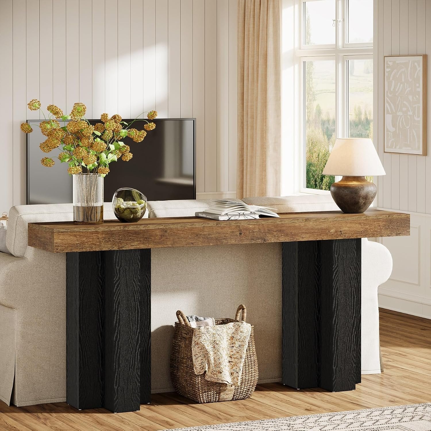 Tribesigns Console de style maison de campagne de 160 cm, Table d'entrée marron avec pieds robustes pour le salon et l'entrée