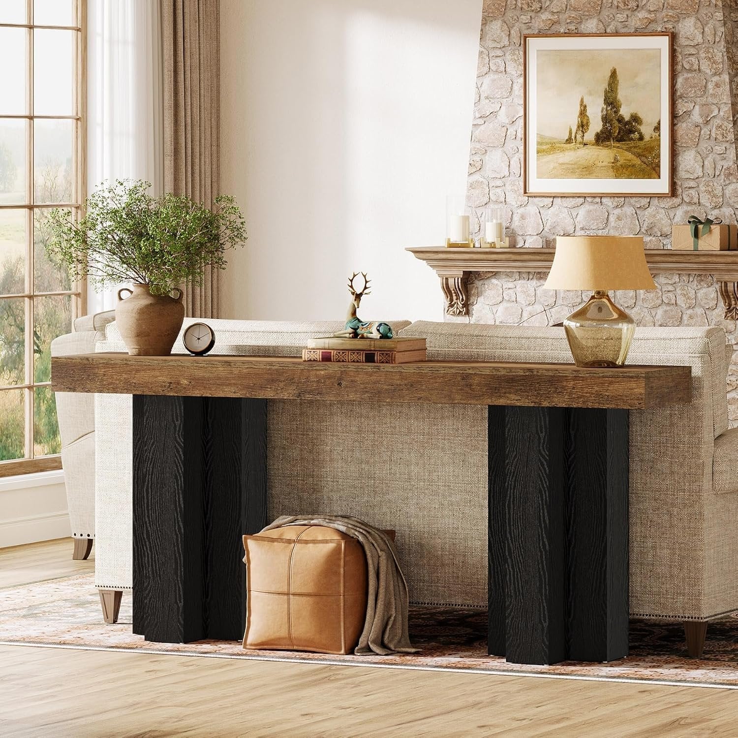 Tribesigns Console de style maison de campagne de 160 cm, Table d'entrée marron avec pieds robustes pour le salon et l'entrée