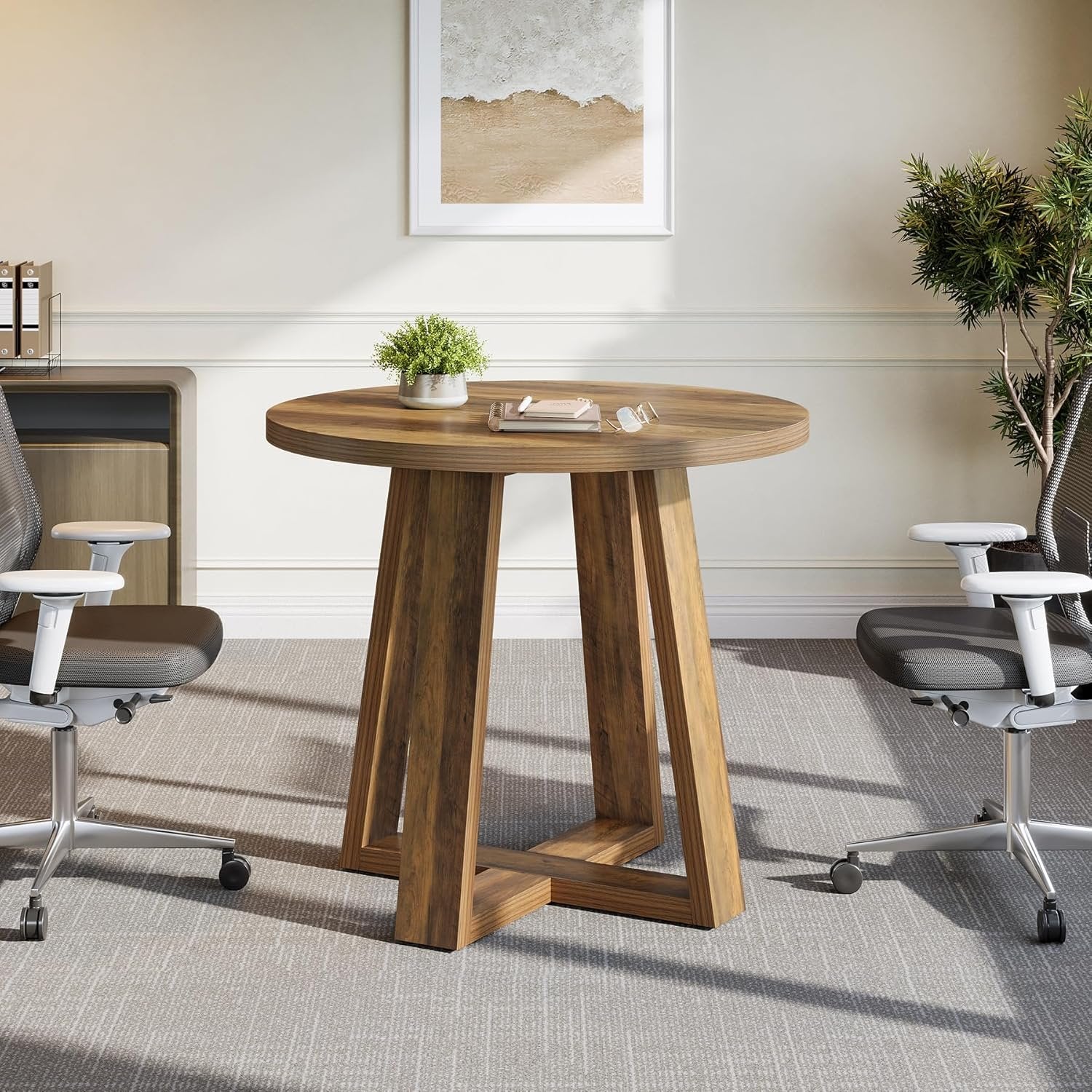 Tribesigns Table de conférence ronde de 80 cm, Bureau de style maison de campagne pour 2 à 4 personnes