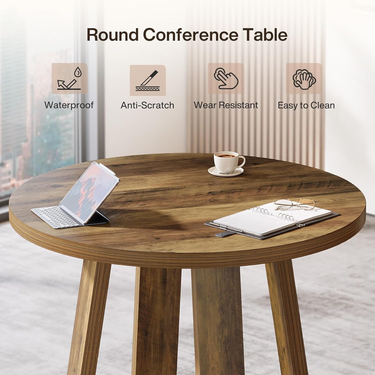 Tribesigns Table de conférence ronde de 80 cm, Bureau de style maison de campagne pour 2 à 4 personnes