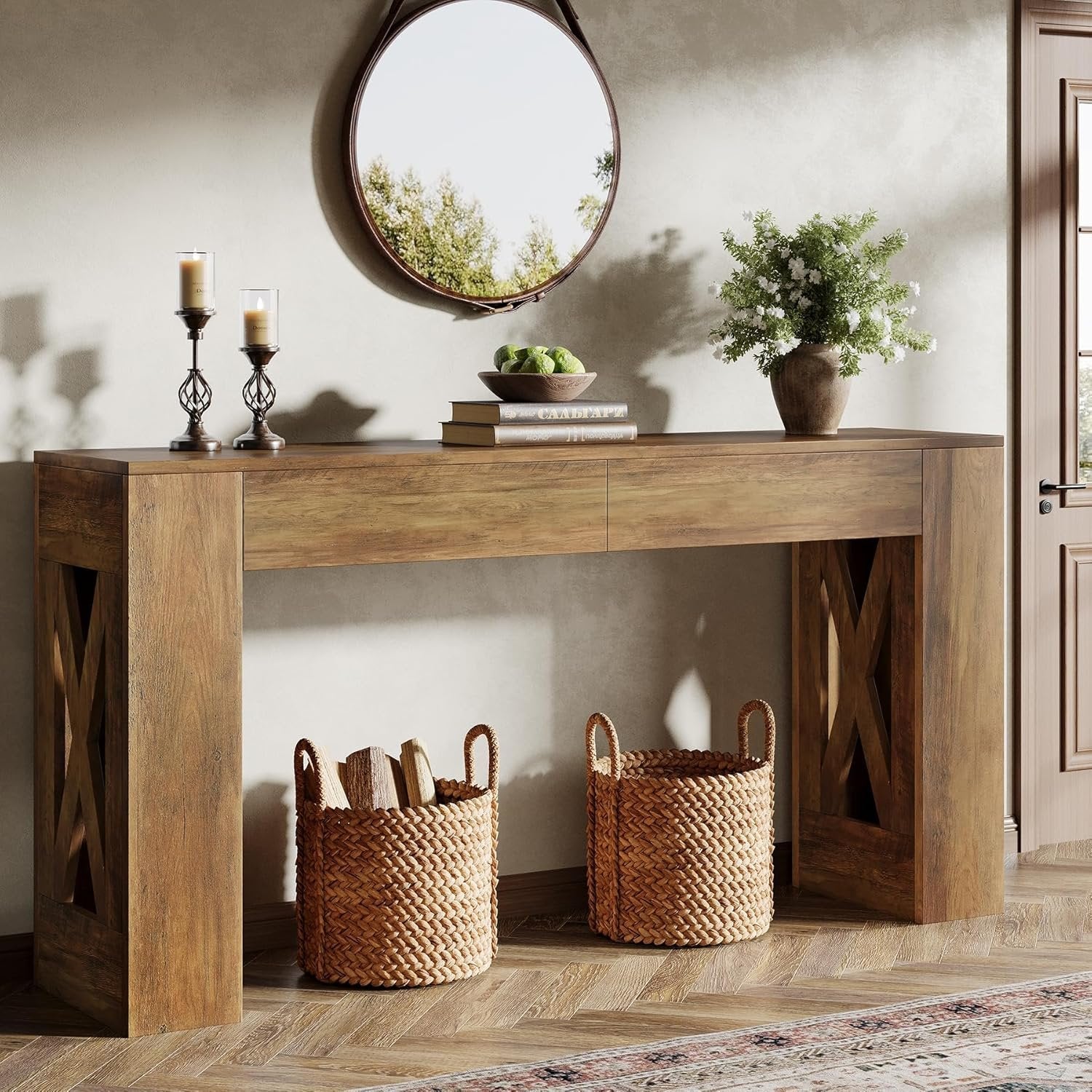 Tribesigns Console de style maison de campagne de 160 cm, Table d'entrée étroite avec 2 tiroirs et pieds en X