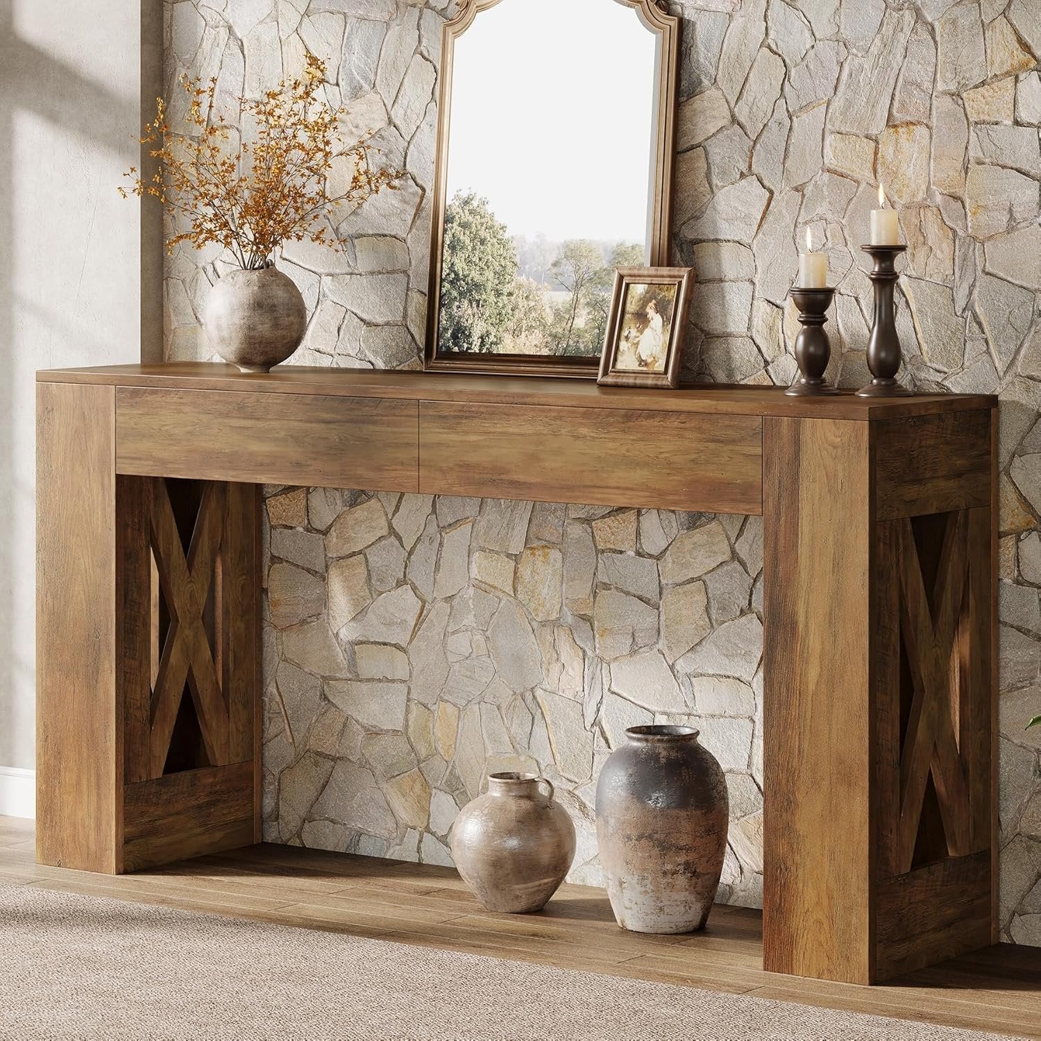 Tribesigns Console de style maison de campagne de 160 cm, Table d'entrée étroite avec 2 tiroirs et pieds en X