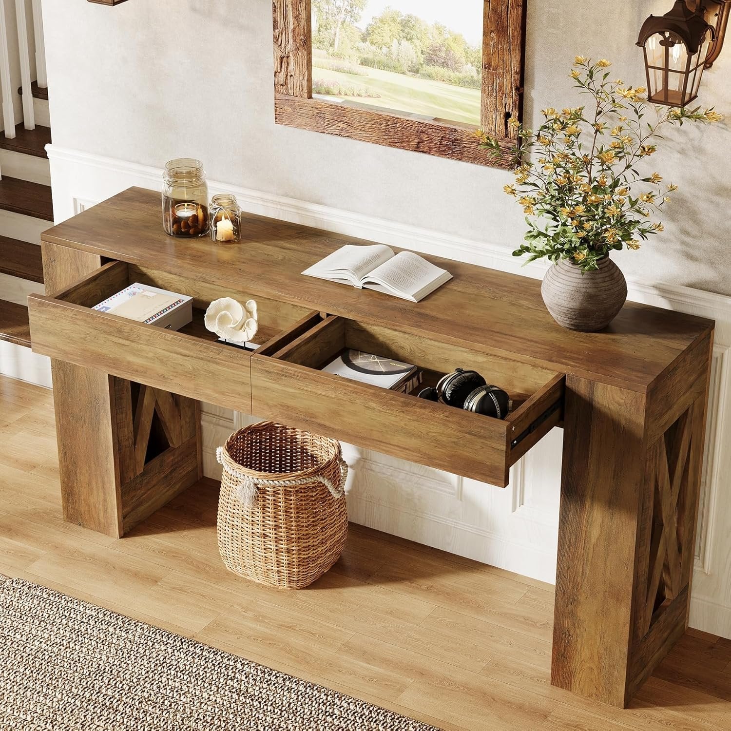 Tribesigns Console de style maison de campagne de 160 cm, Table d'entrée étroite avec 2 tiroirs et pieds en X